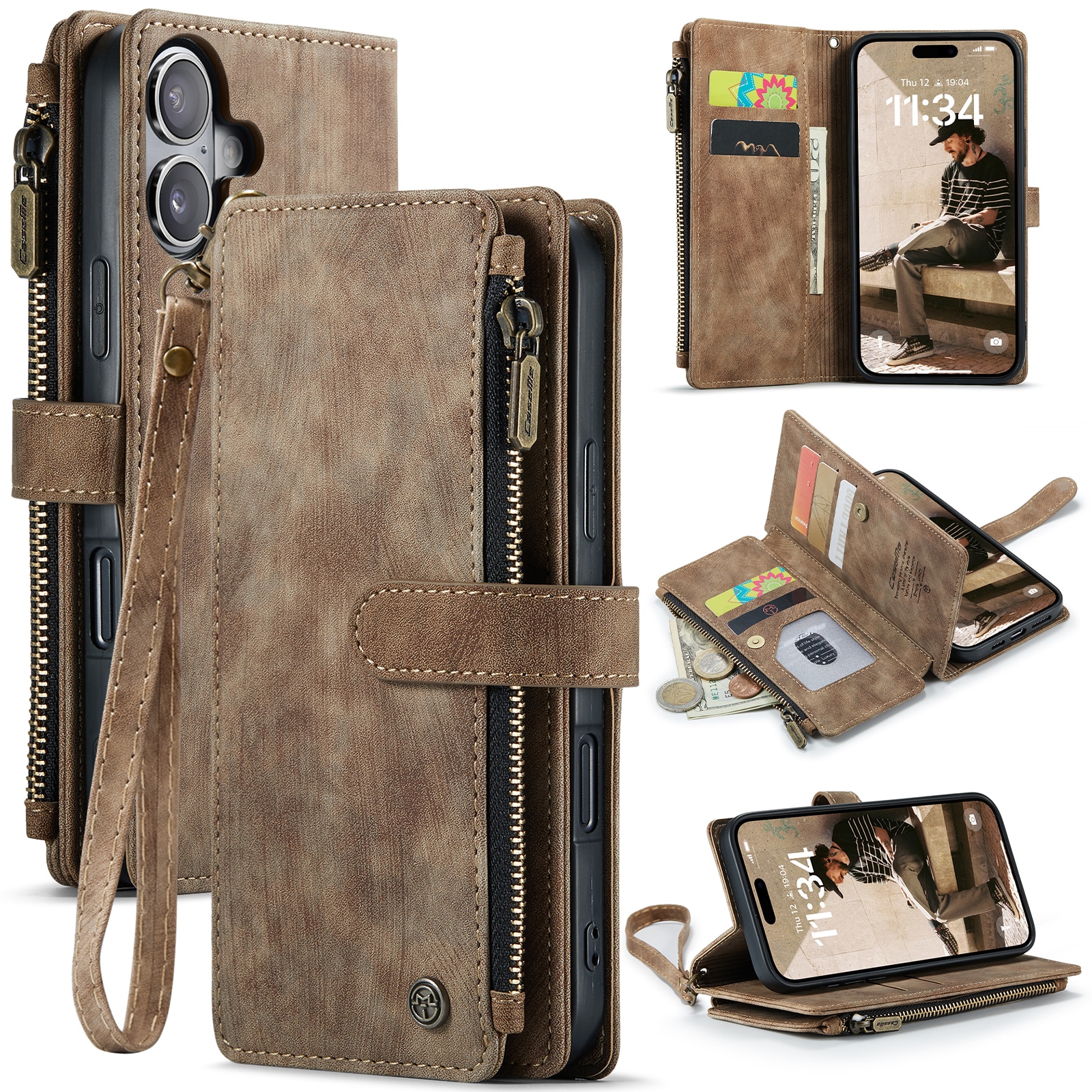 Étui portefeuille à glissière iPhone 17, Marron