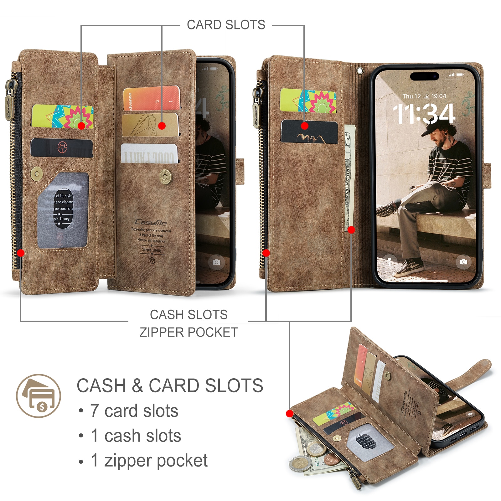 Étui portefeuille à glissière iPhone 17, Marron