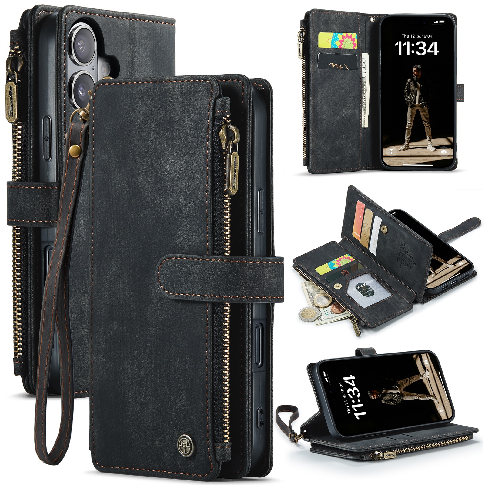 Étui portefeuille à glissière iPhone 17, Noir
