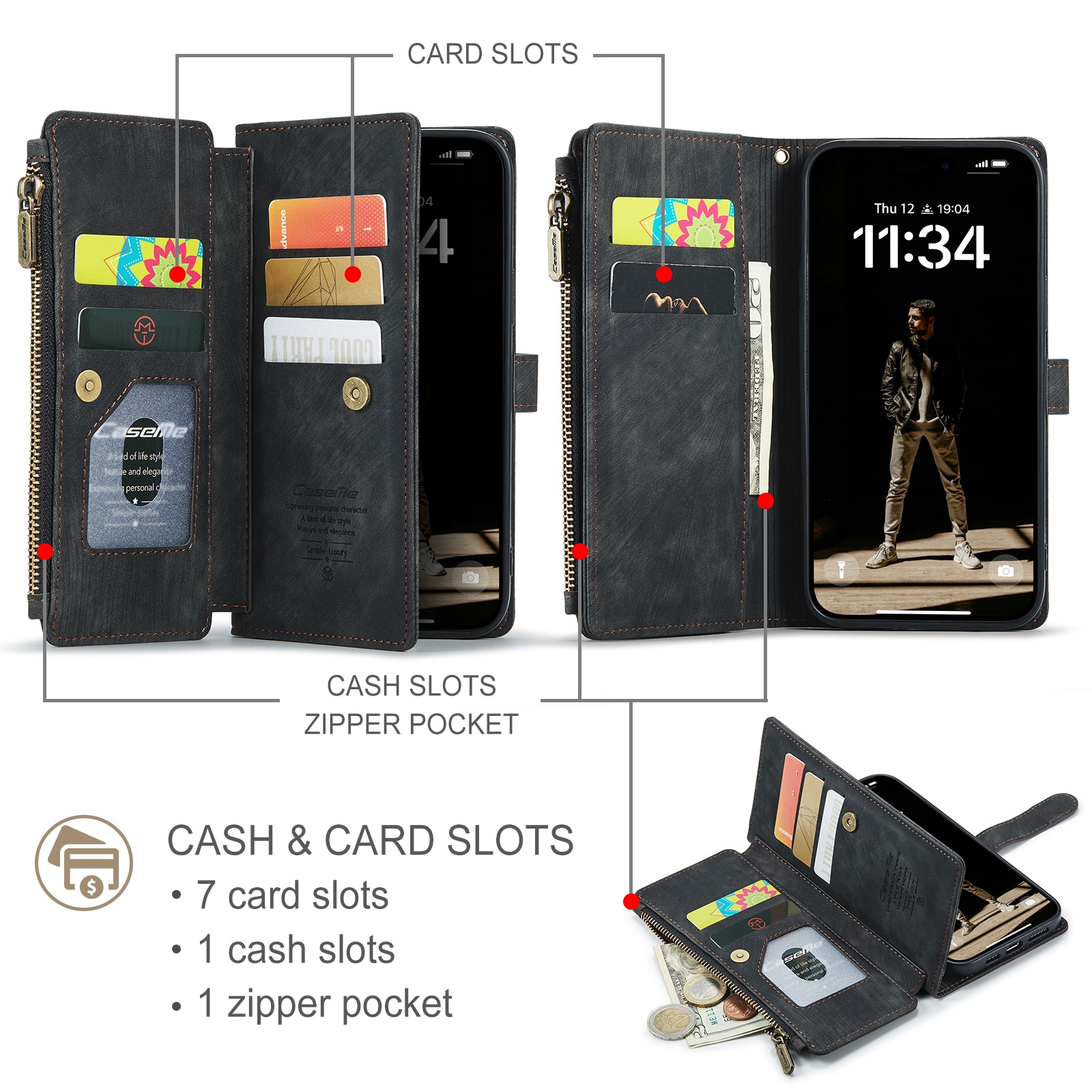 Étui portefeuille à glissière iPhone 17, Noir