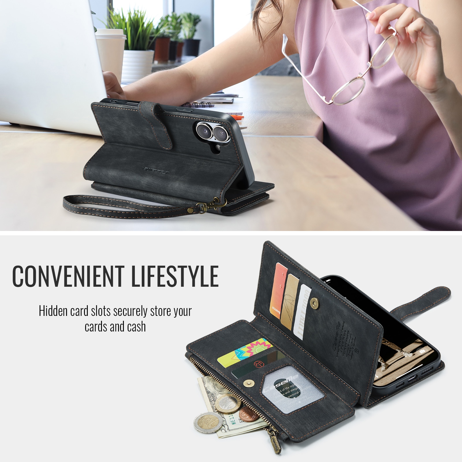 Étui portefeuille à glissière iPhone 17, Noir