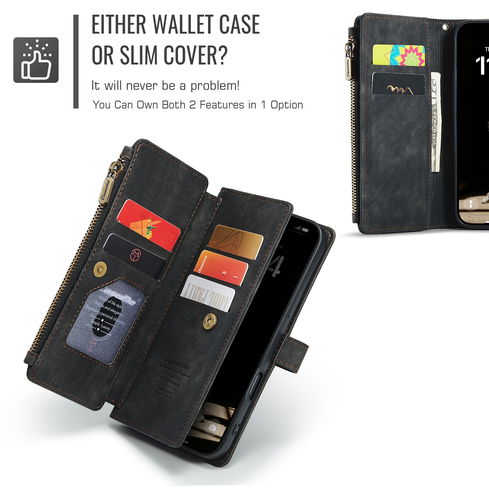 Étui portefeuille à glissière iPhone 17, Noir