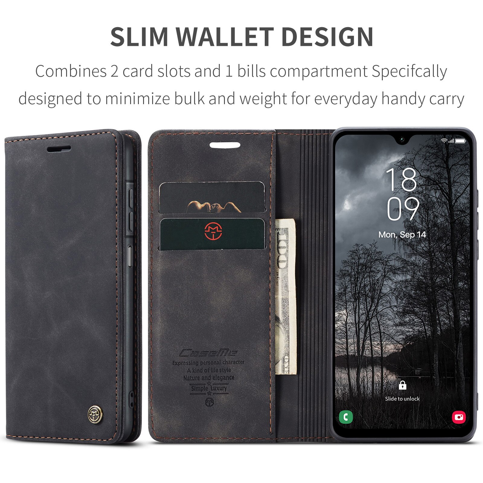 Étui portefeuille mince Samsung Galaxy A17, Noir