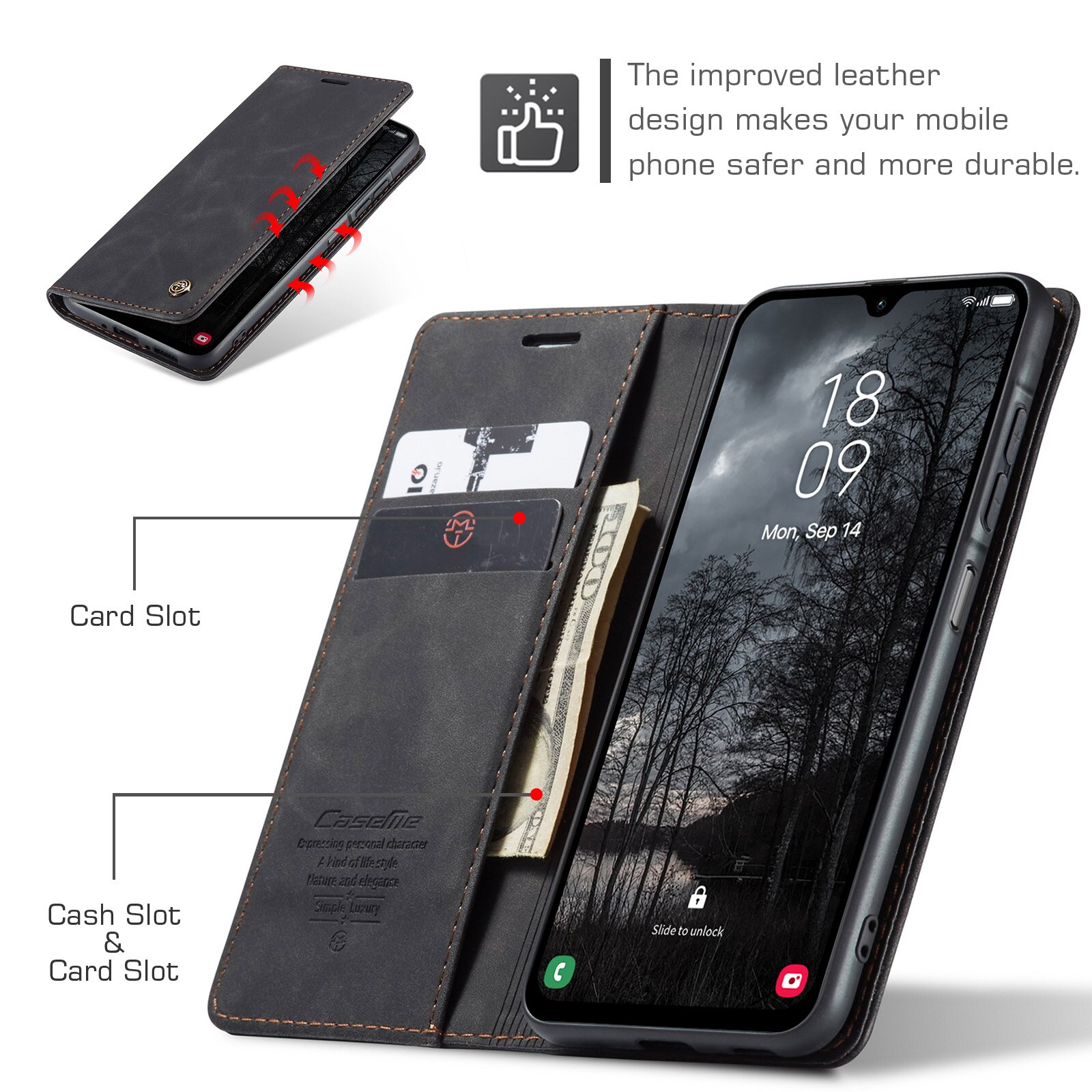 Étui portefeuille mince Samsung Galaxy A17, Noir