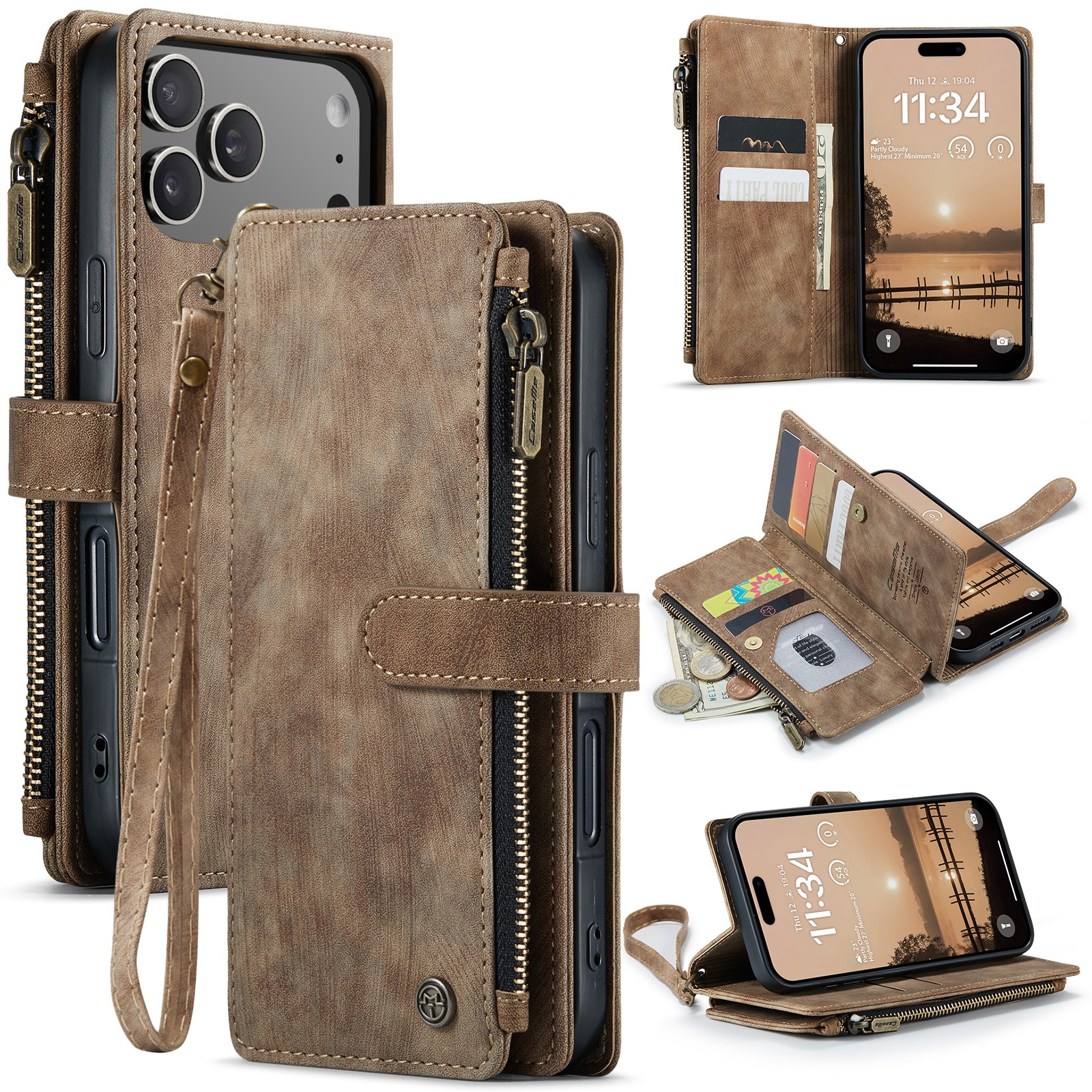Étui portefeuille à glissière iPhone 17 Pro, Marron