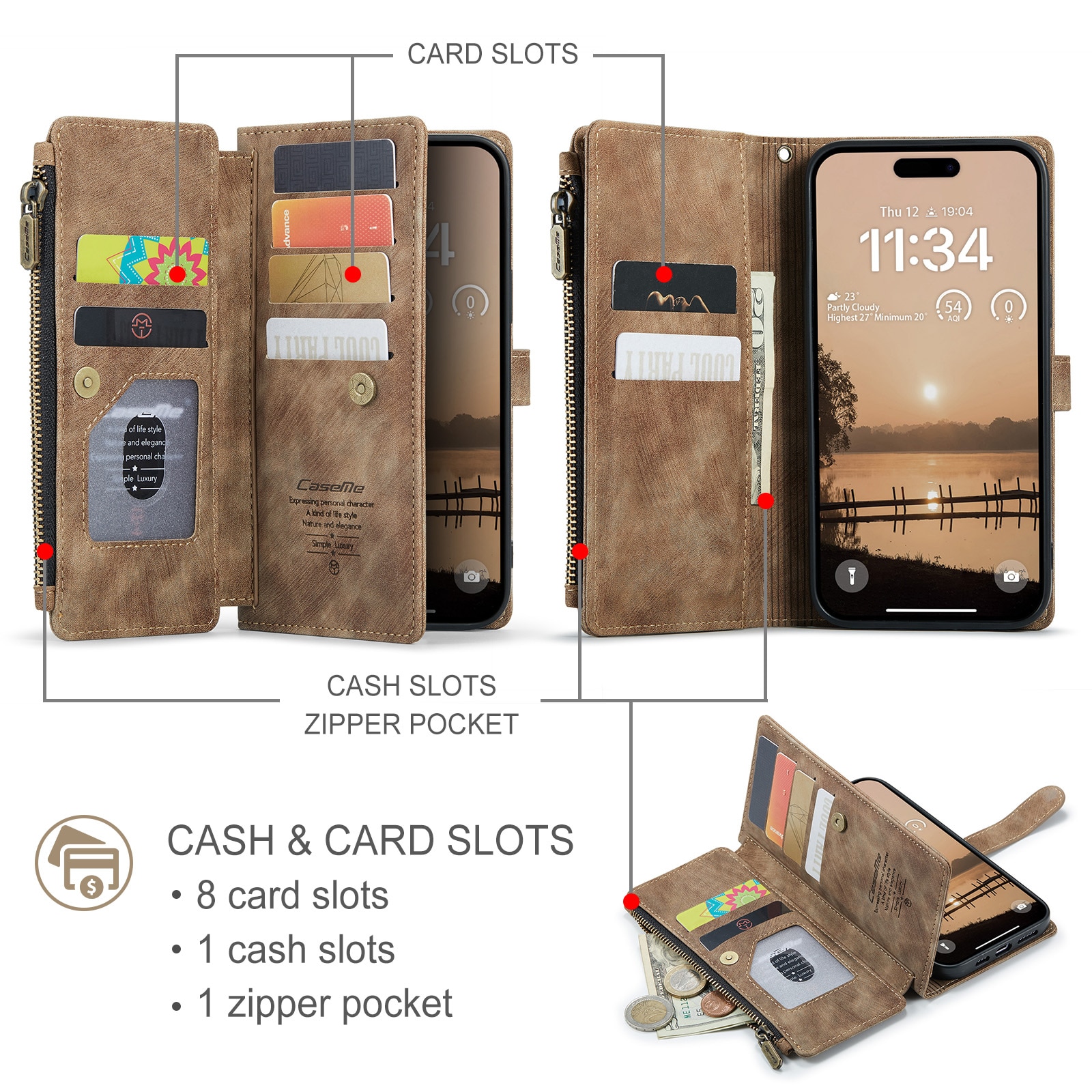 Étui portefeuille à glissière iPhone 17 Pro, Marron
