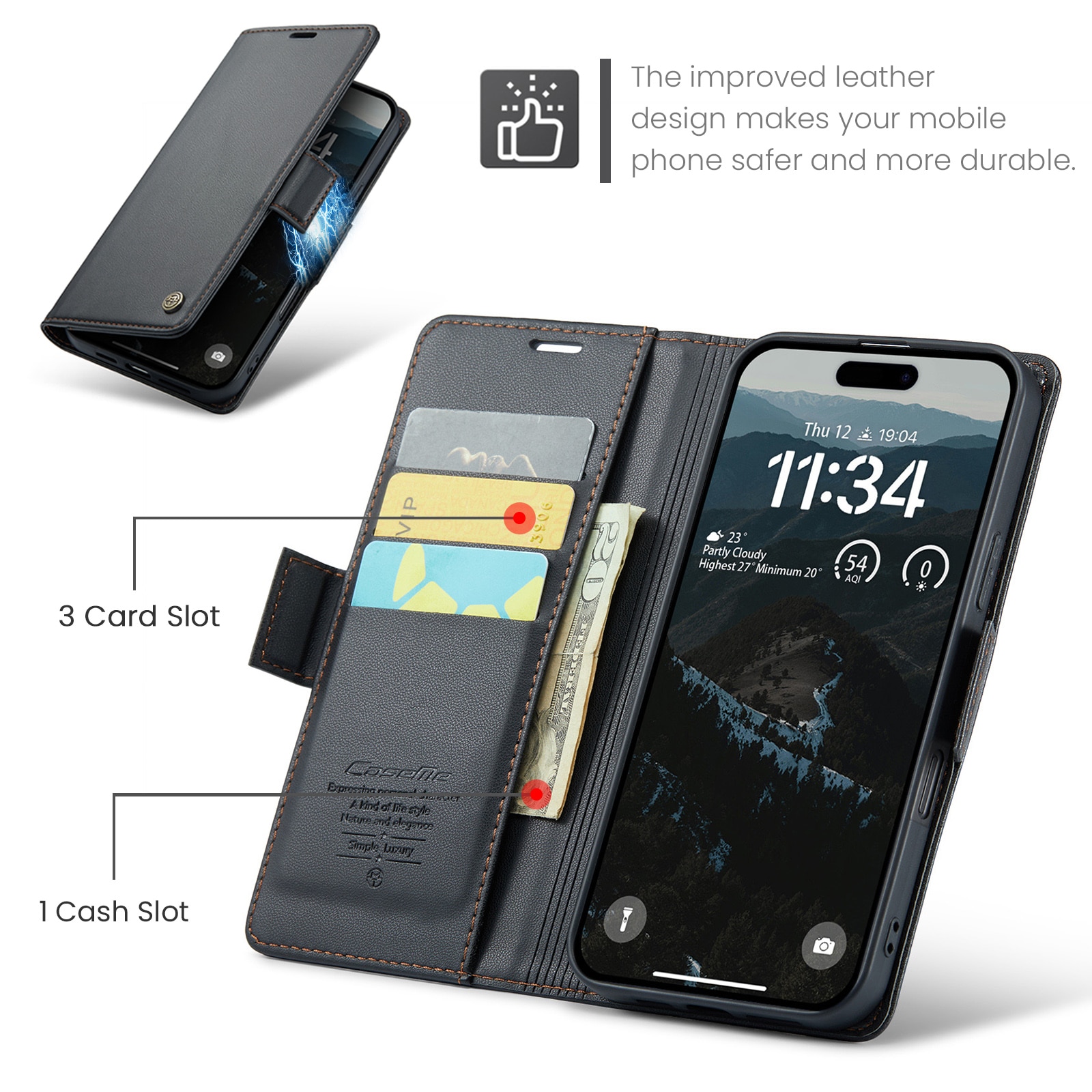 Étui portefeuille mince anti-RFID iPhone 17 Pro, Noir