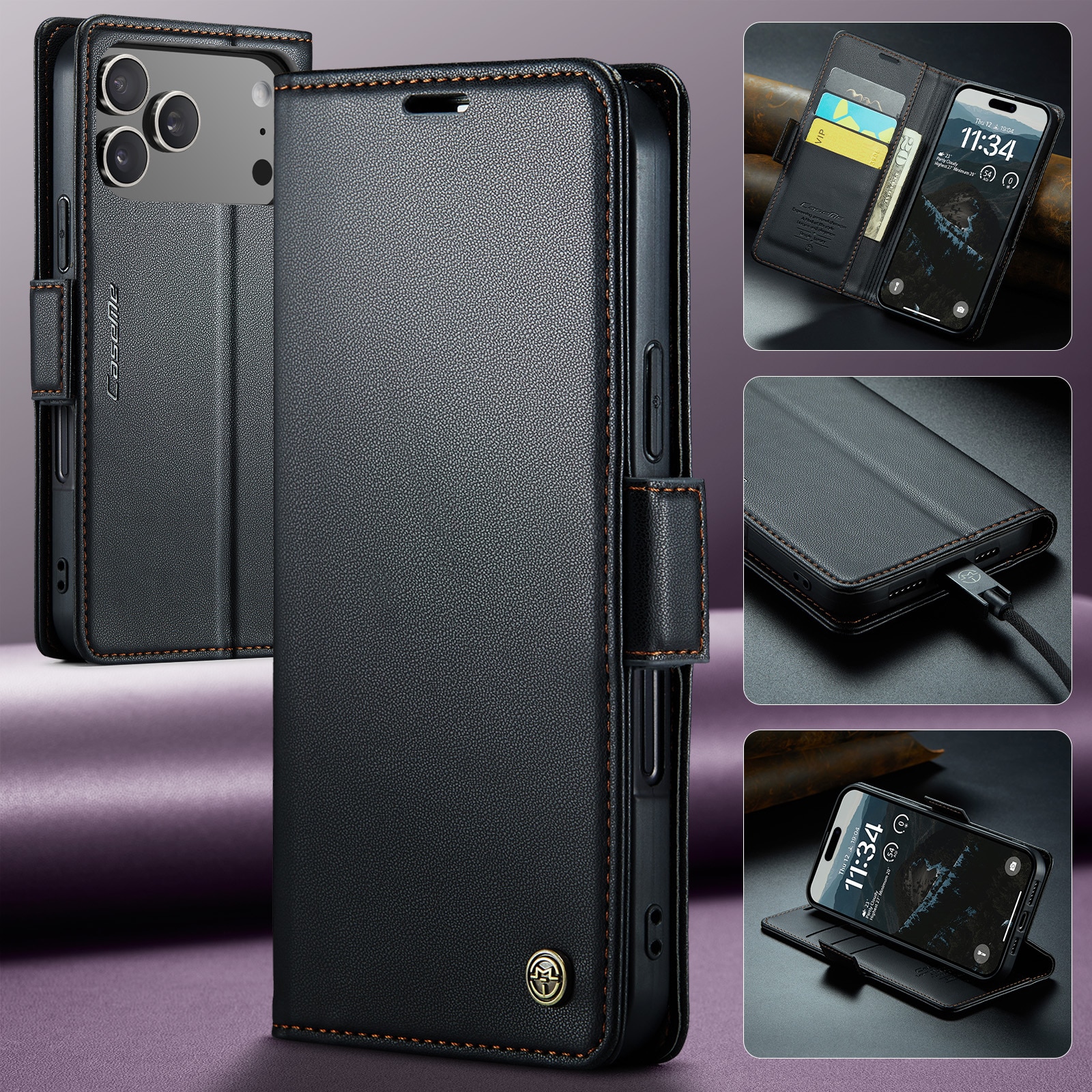 Étui portefeuille mince anti-RFID iPhone 17 Pro, Noir