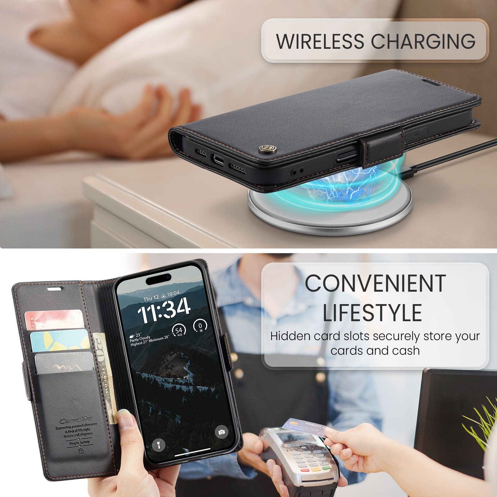 Étui portefeuille mince anti-RFID iPhone 17 Pro, Noir