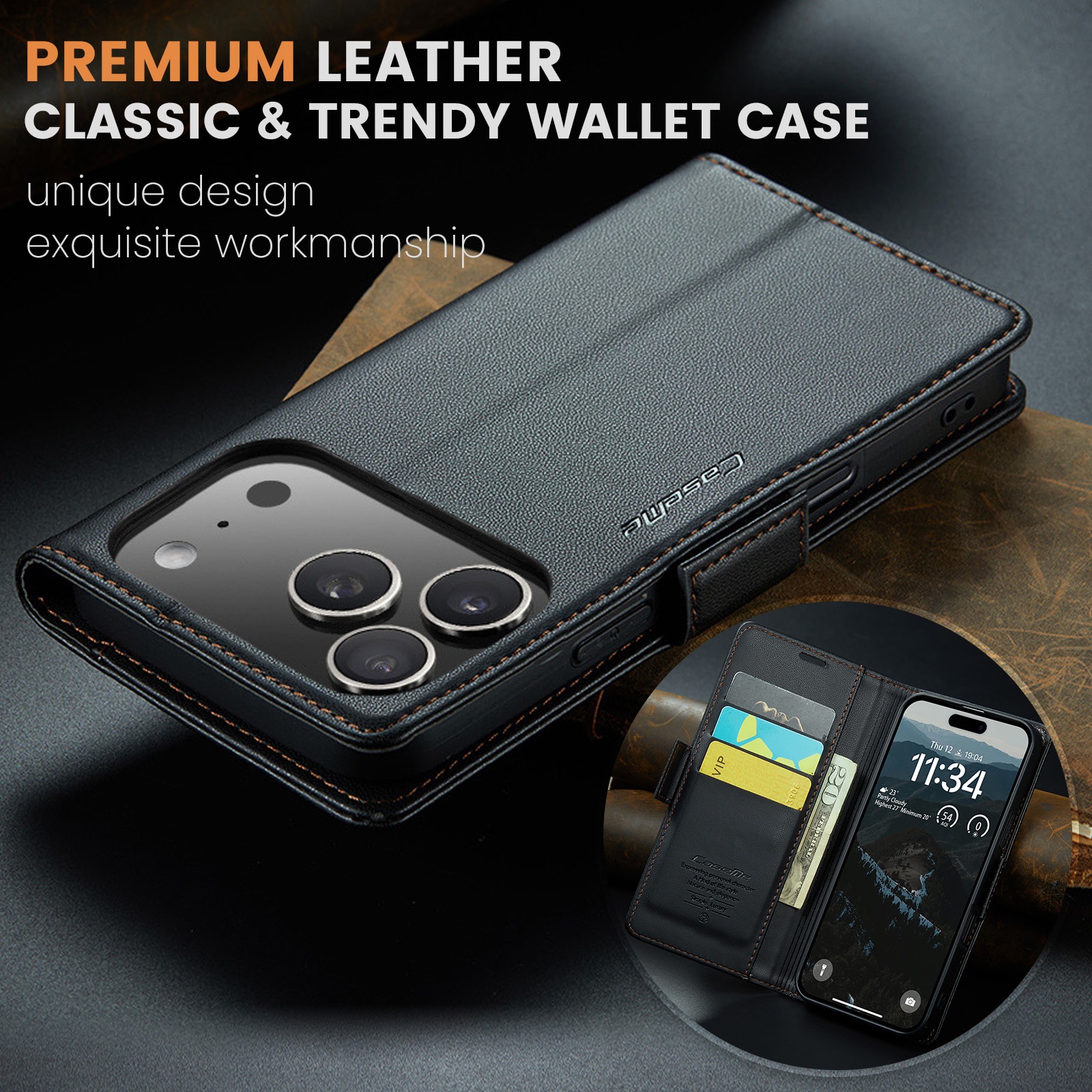 Étui portefeuille mince anti-RFID iPhone 17 Pro, Noir
