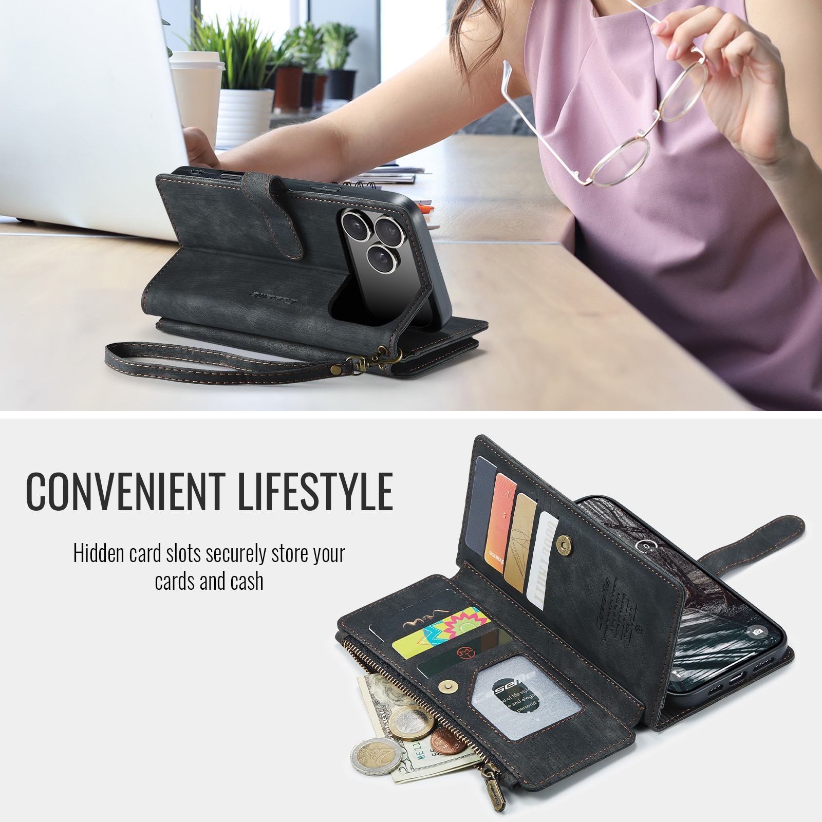 Étui portefeuille à glissière iPhone 17 Pro Max, Noir
