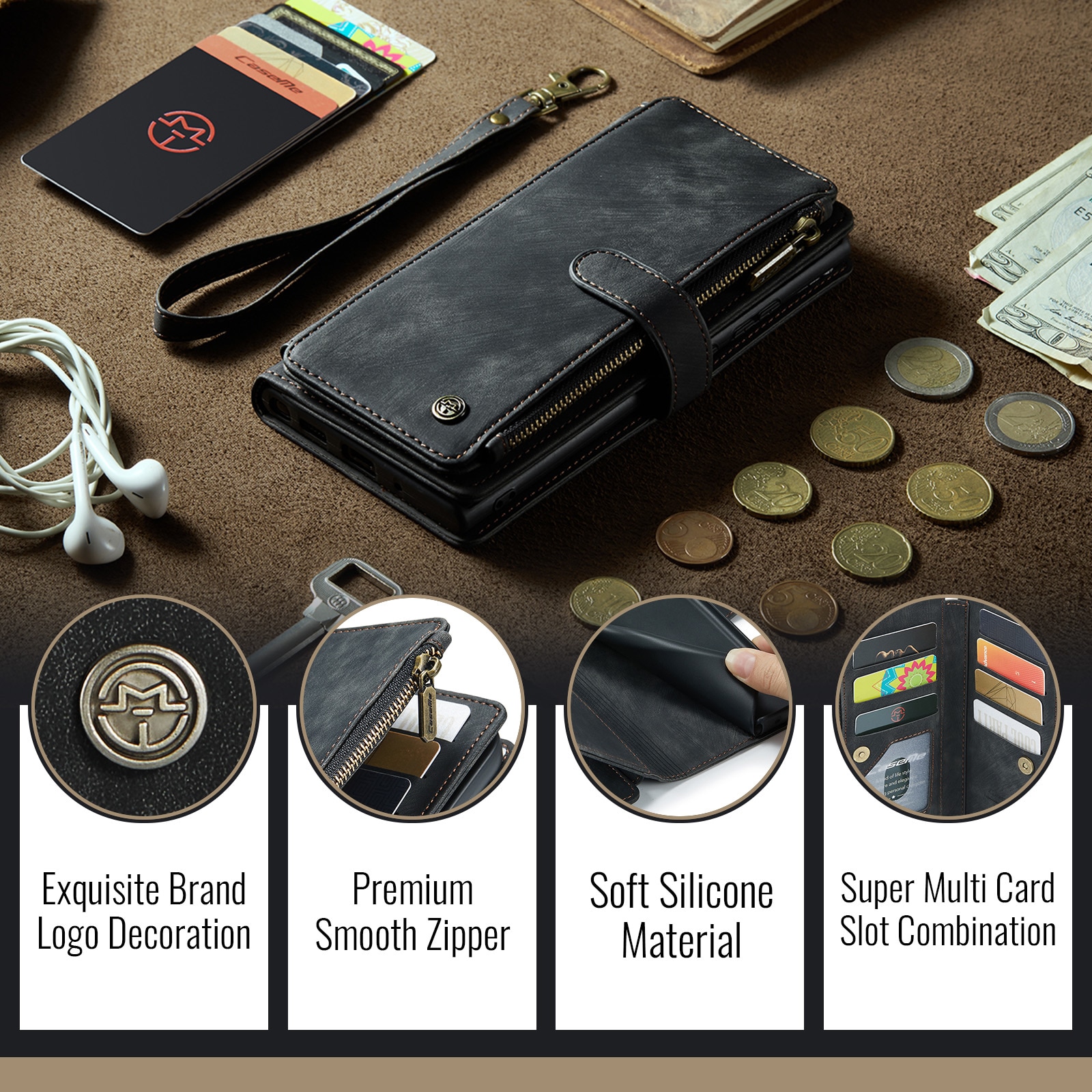 Étui portefeuille à glissière iPhone 17 Pro Max, Noir