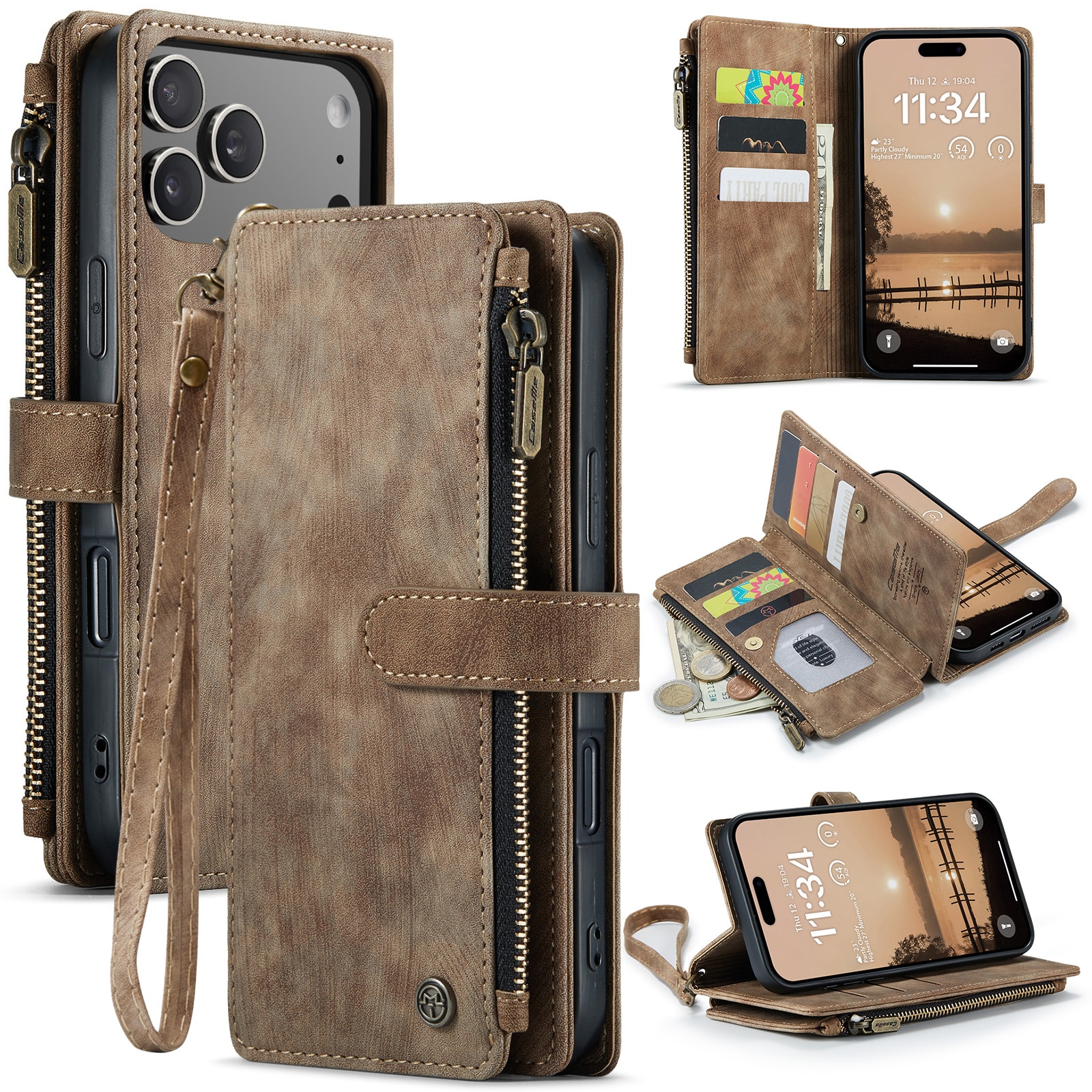 Étui portefeuille à glissière iPhone 17 Pro Max, Marron