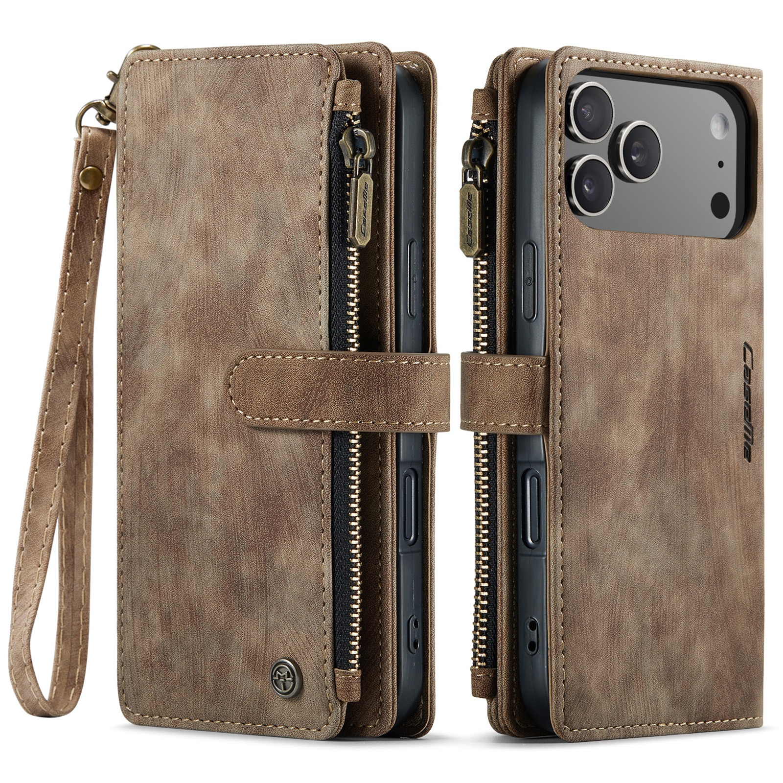 Étui portefeuille à glissière iPhone 17 Pro Max, Marron