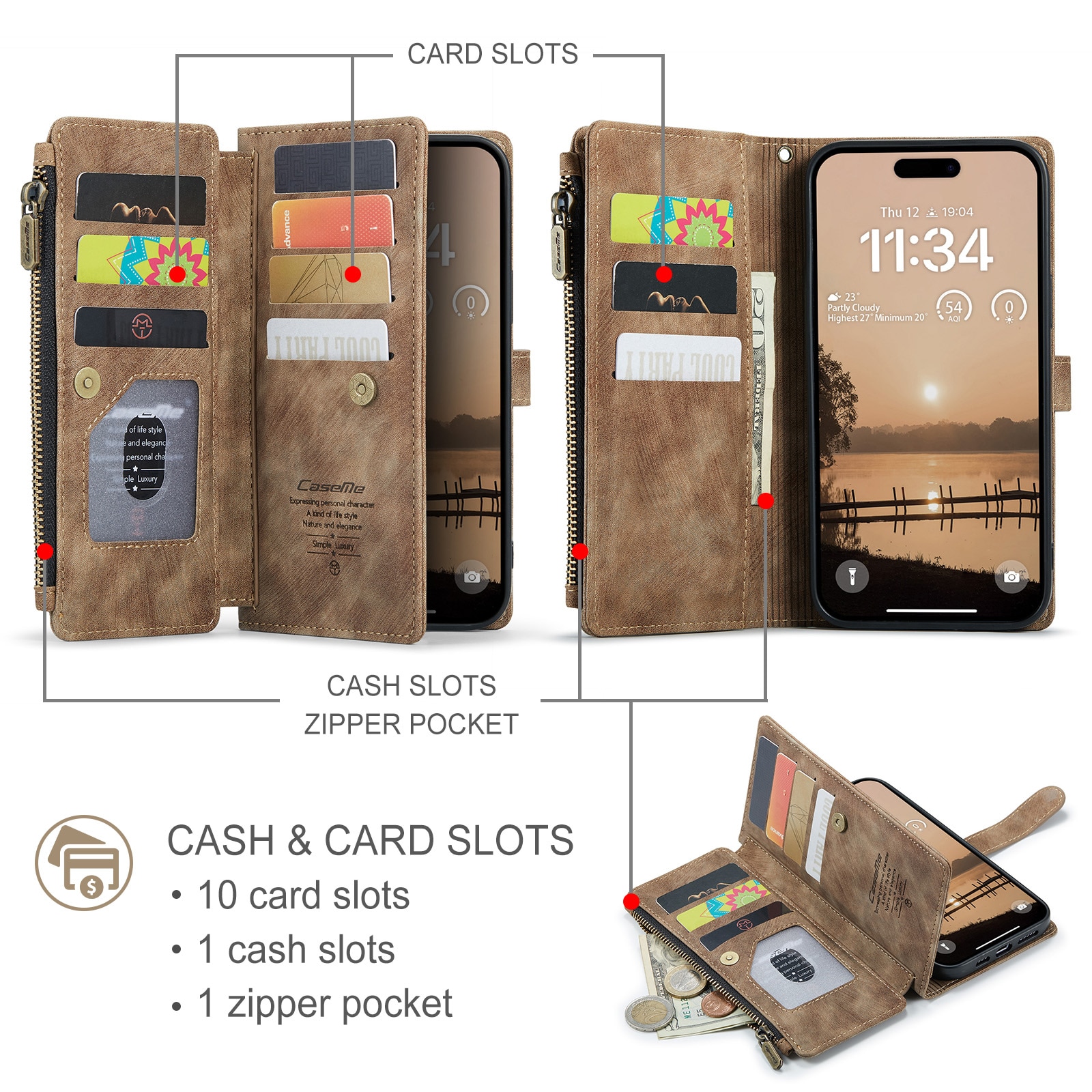 Étui portefeuille à glissière iPhone 17 Pro Max, Marron