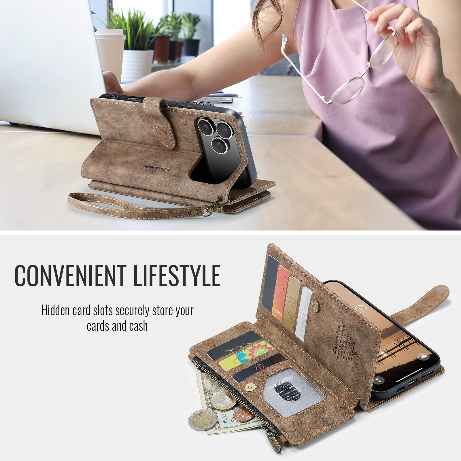 Étui portefeuille à glissière iPhone 17 Pro Max, Marron