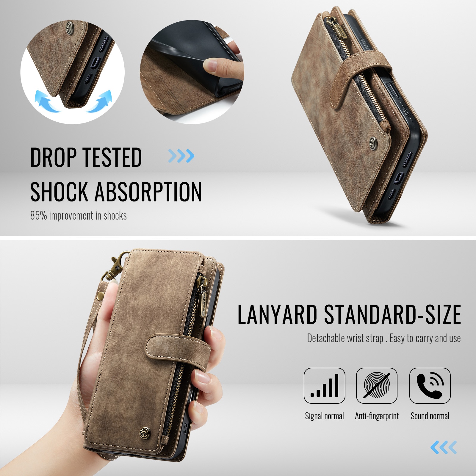 Étui portefeuille à glissière iPhone 17 Pro Max, Marron