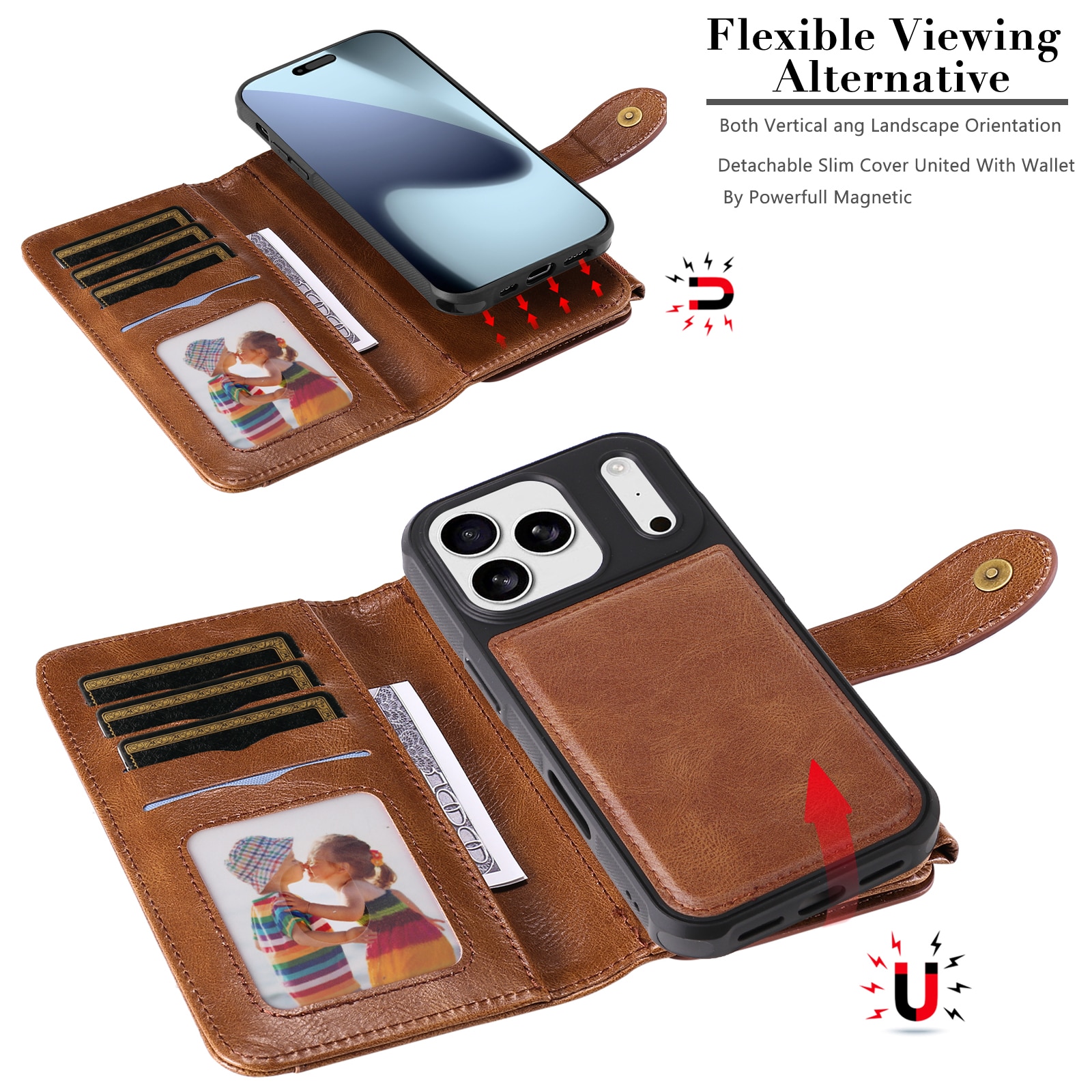 Magnet Leather Multi Wallet iPhone 17 Pro, Marron