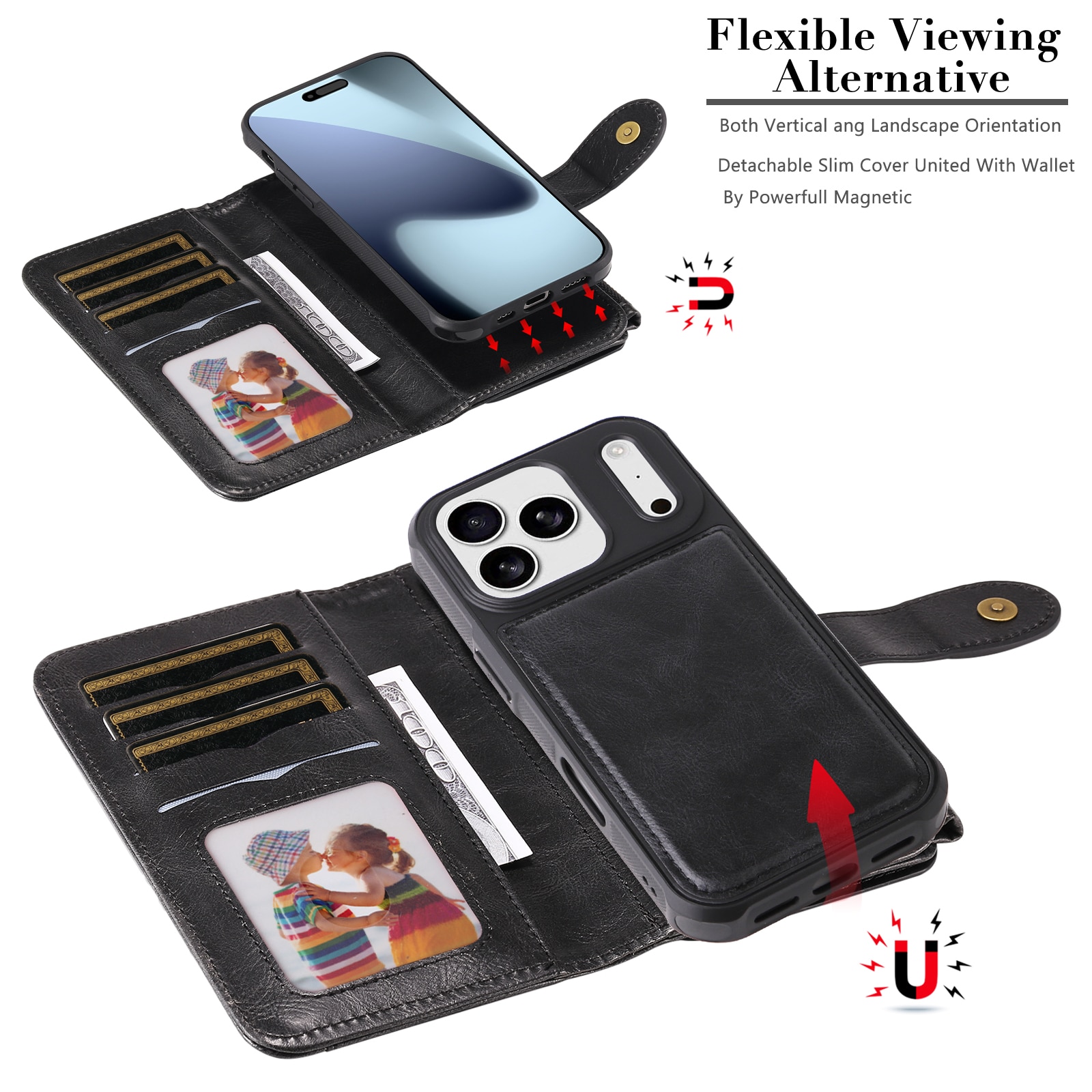 Magnet Leather Multi Wallet iPhone 17 Pro, noir