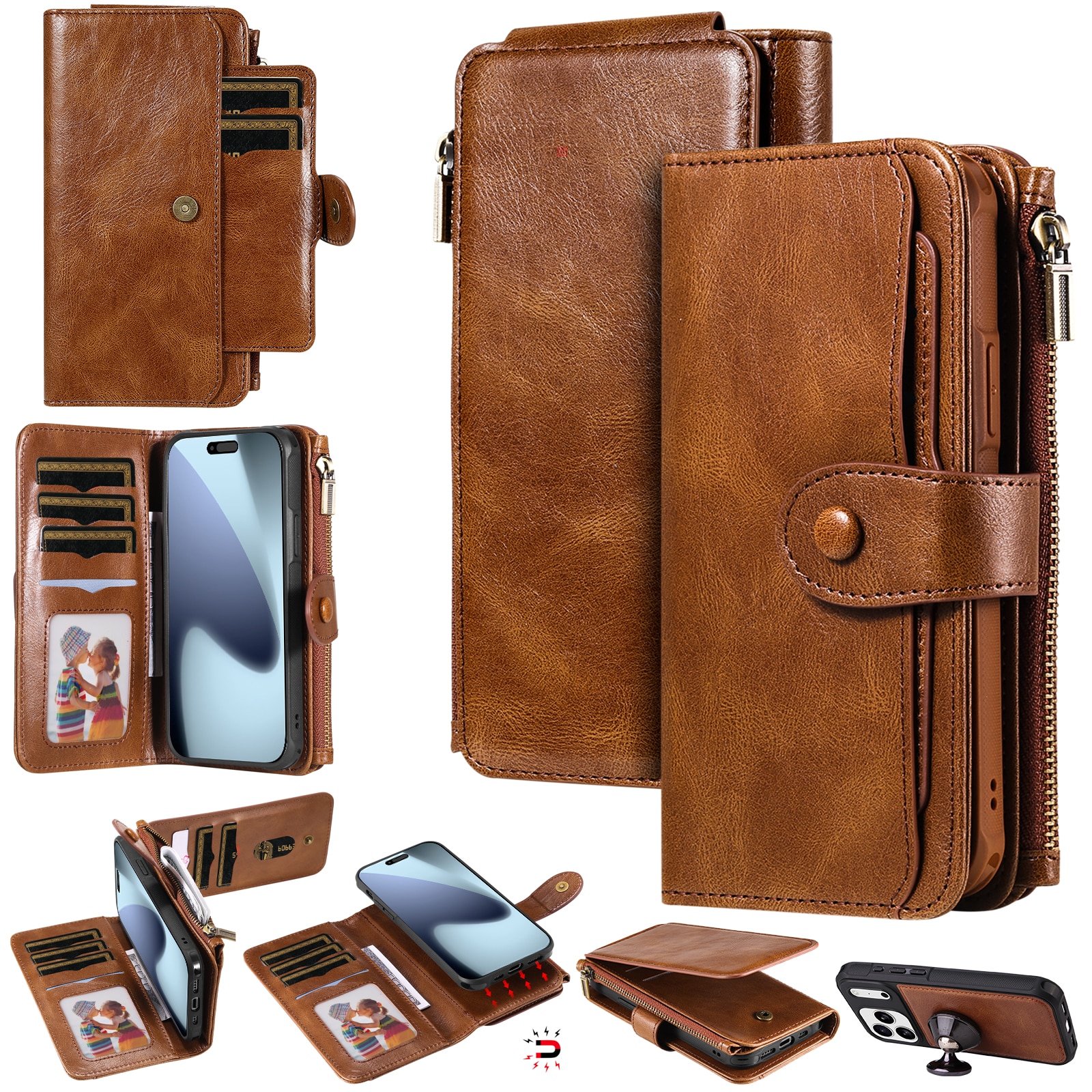 Magnet Leather Multi Wallet iPhone 17 Pro Max, Marron