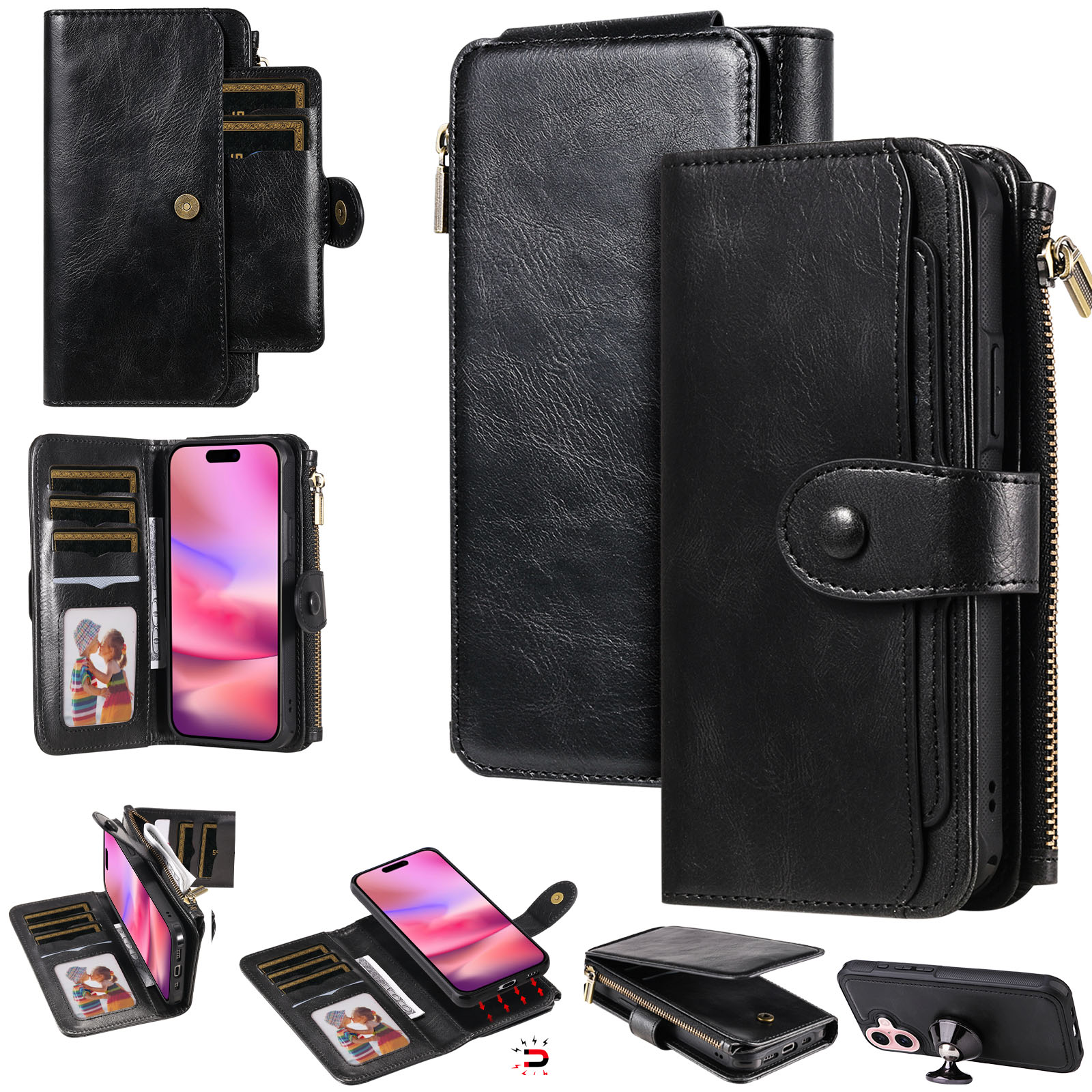 Magnet Leather Multi Wallet iPhone 17, noir