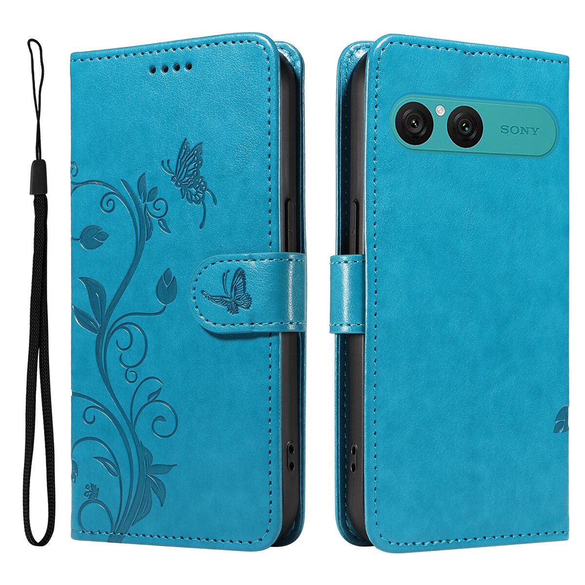 Étui en cuir à papillons pour Sony Xperia 10 VII, Bleu