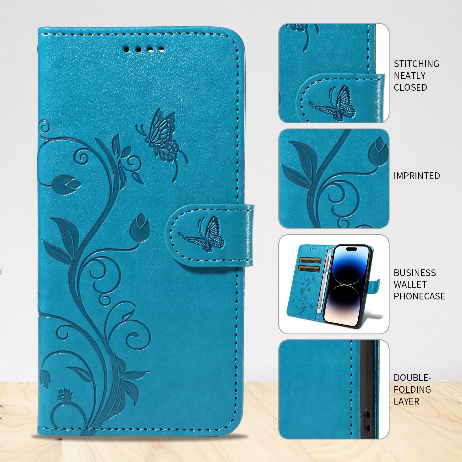 Étui en cuir à papillons pour Sony Xperia 10 VII, Bleu