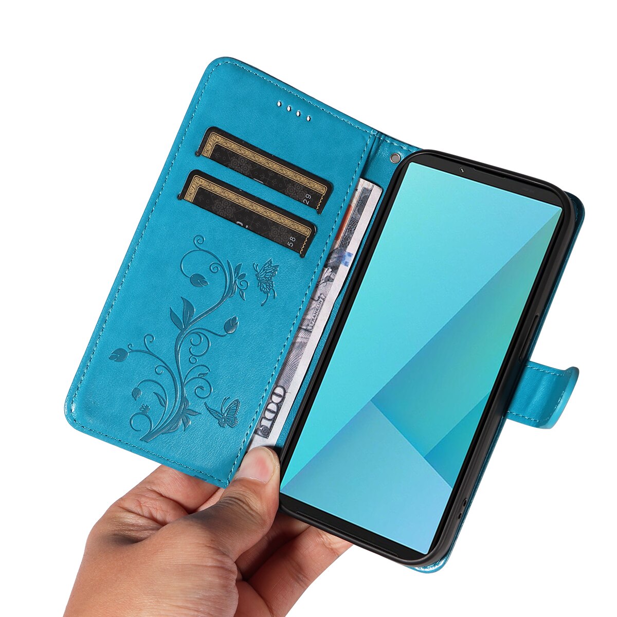 Étui en cuir à papillons pour Sony Xperia 10 VII, Bleu