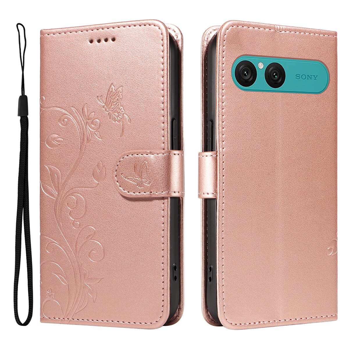 Étui en cuir à papillons pour Sony Xperia 10 VII, Or rose