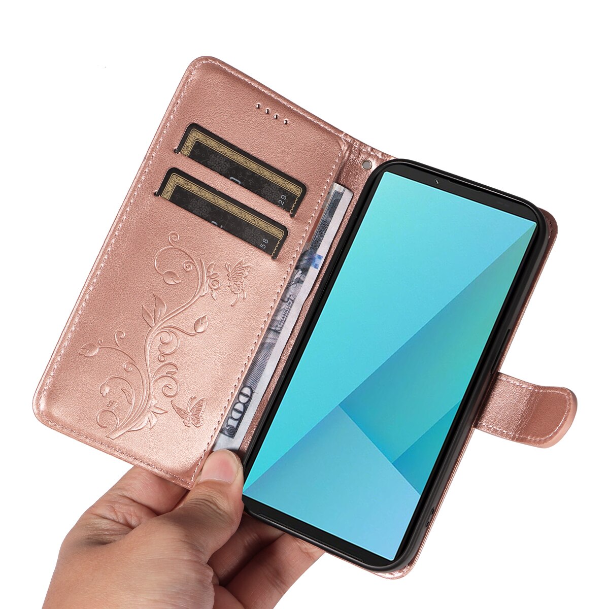 Étui en cuir à papillons pour Sony Xperia 10 VII, Or rose