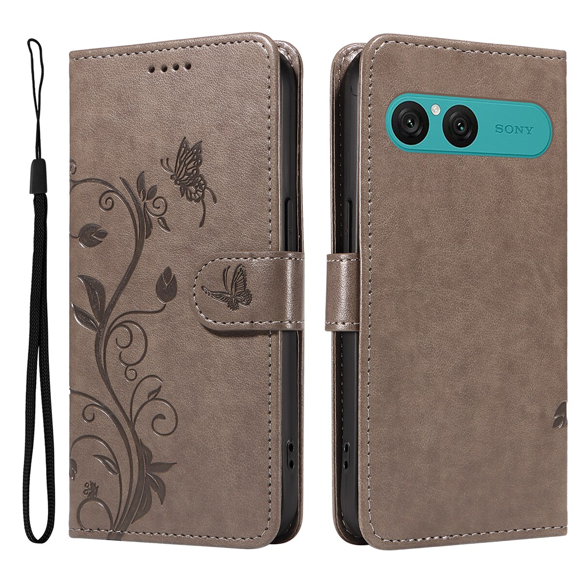 Étui en cuir à papillons pour Sony Xperia 10 VII, Gris