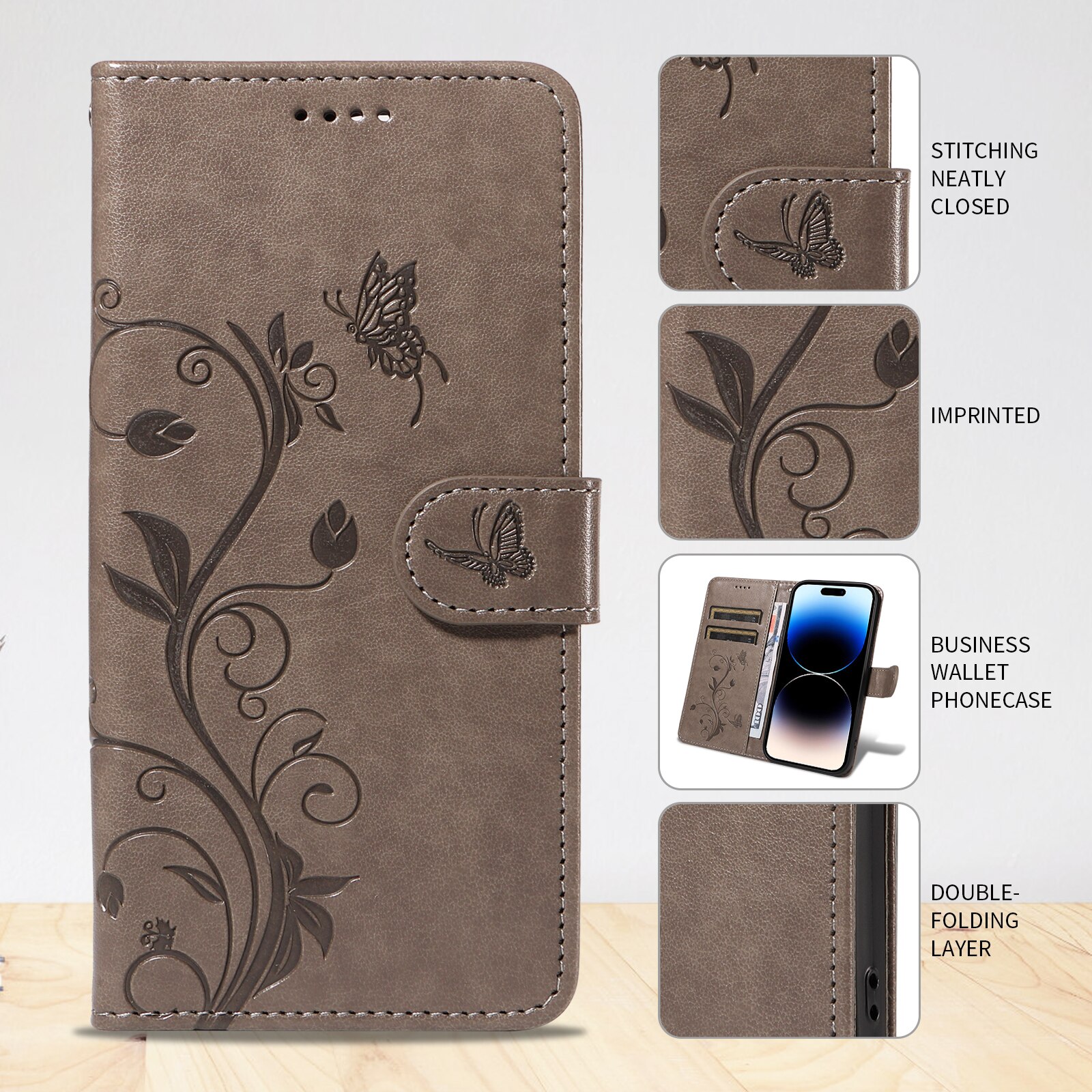 Étui en cuir à papillons pour Sony Xperia 10 VII, Gris