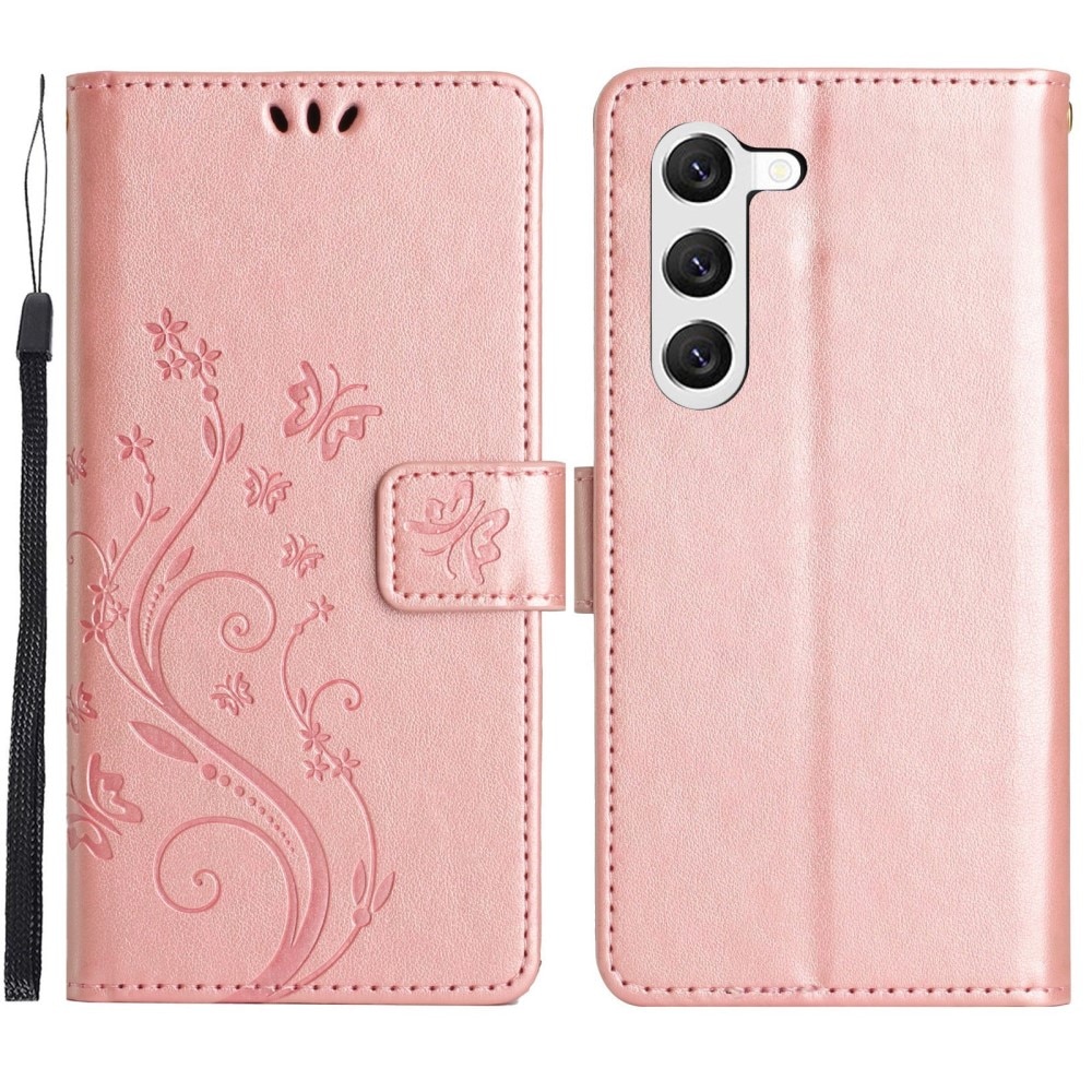 Étui en cuir à papillons pour Samsung Galaxy S23, Rose