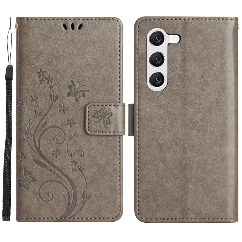 Étui en cuir à papillons pour Samsung Galaxy S23, Gris