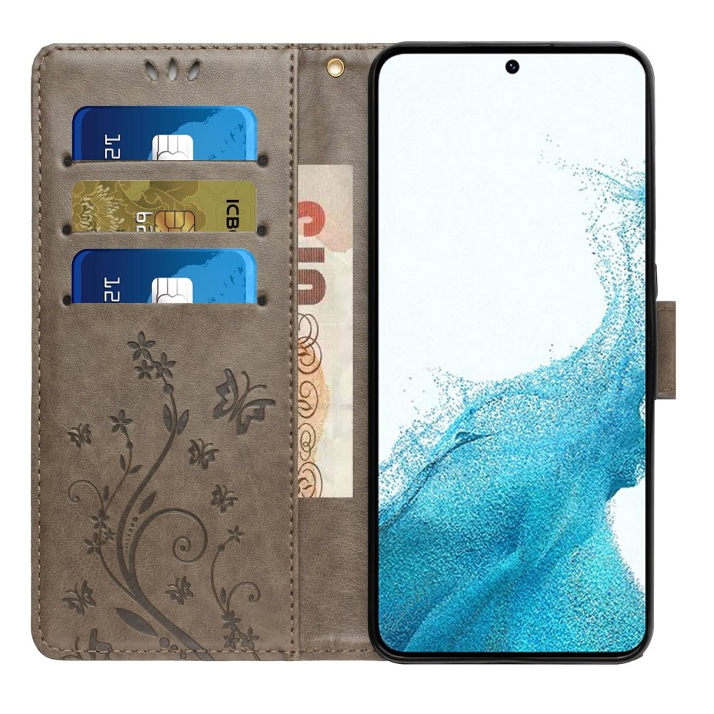 Étui en cuir à papillons pour Samsung Galaxy S23, Gris