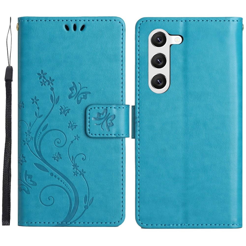 Étui en cuir à papillons pour Samsung Galaxy S23, Bleu