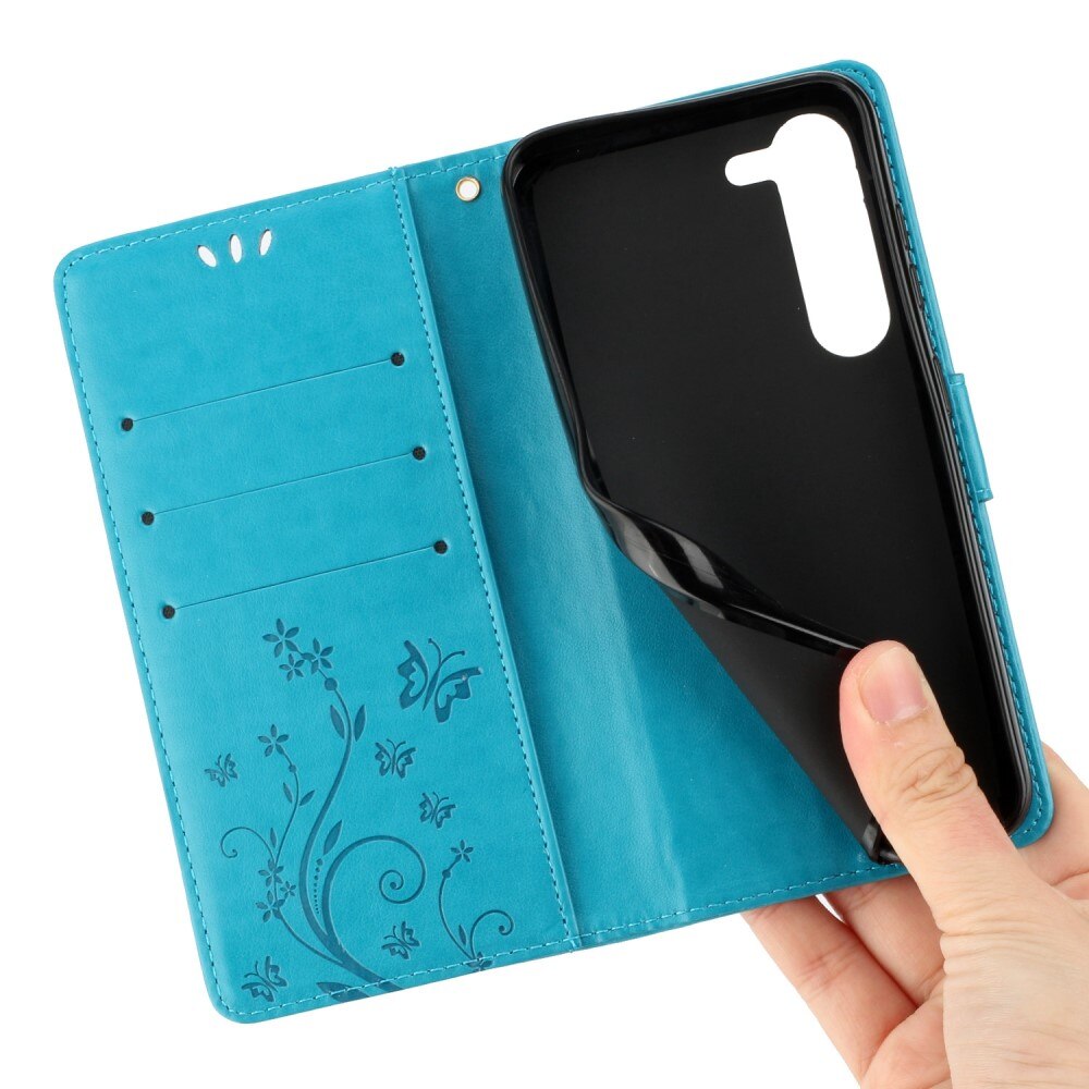Étui en cuir à papillons pour Samsung Galaxy S23, Bleu