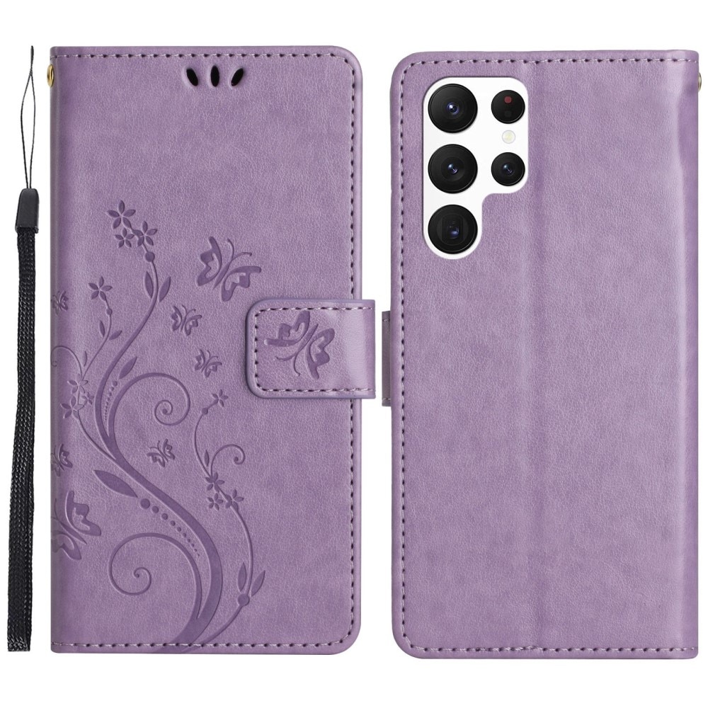 Étui en cuir à papillons pour Samsung Galaxy S23 Ultra, violet