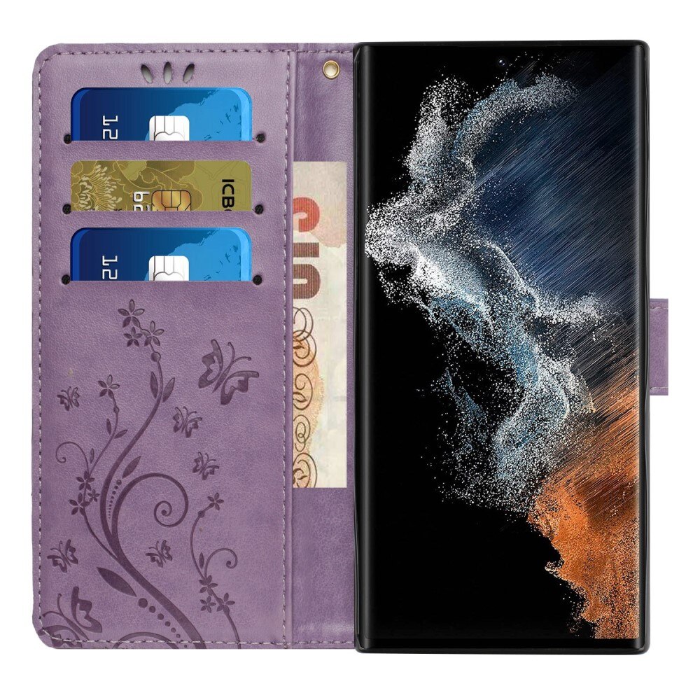 Étui en cuir à papillons pour Samsung Galaxy S23 Ultra, Violet