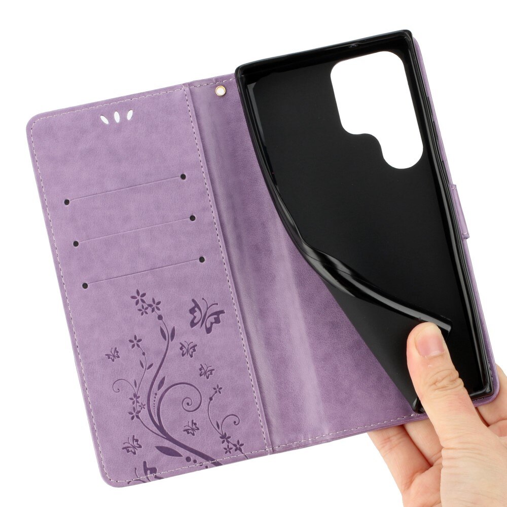 Étui en cuir à papillons pour Samsung Galaxy S23 Ultra, Violet