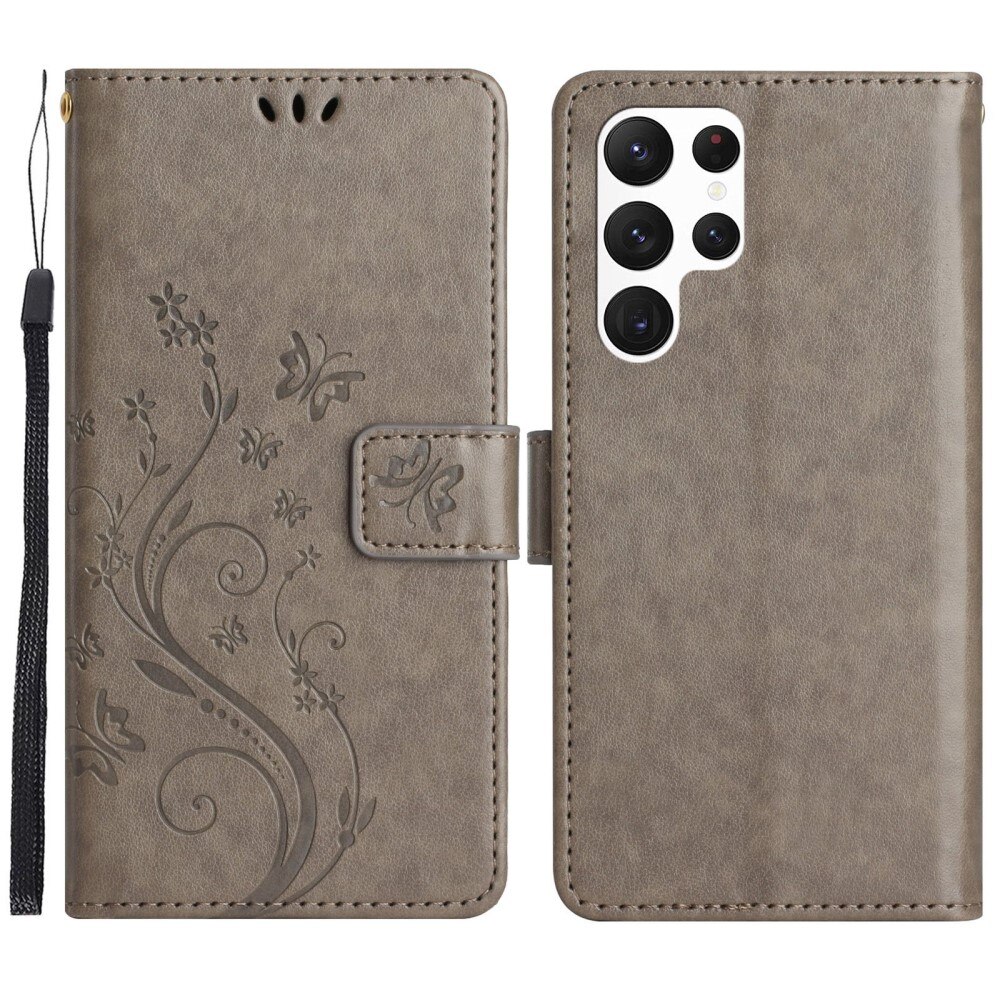 Étui en cuir à papillons pour Samsung Galaxy S23 Ultra, Gris