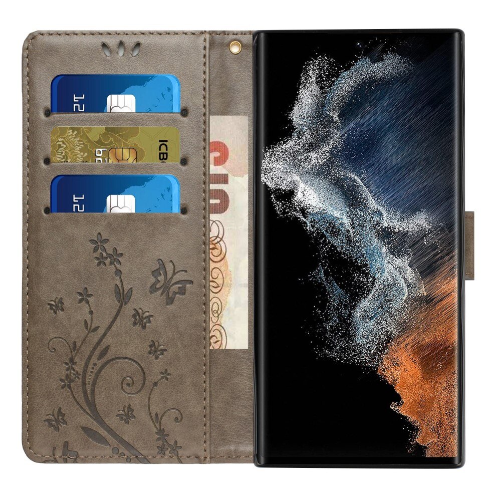 Étui en cuir à papillons pour Samsung Galaxy S23 Ultra, Gris