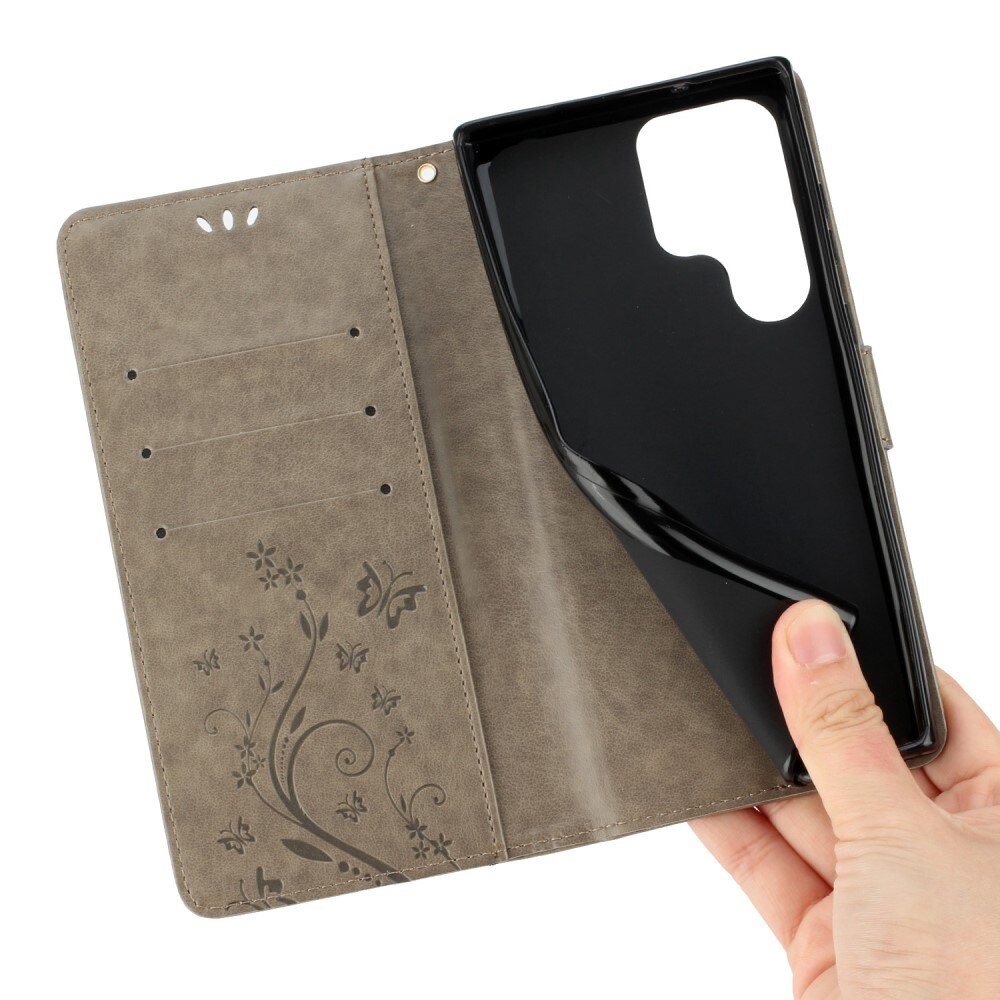 Étui en cuir à papillons pour Samsung Galaxy S23 Ultra, Gris