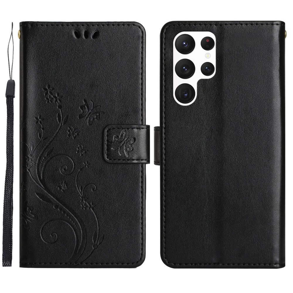 Étui en cuir à papillons pour Samsung Galaxy S23 Ultra, Noir
