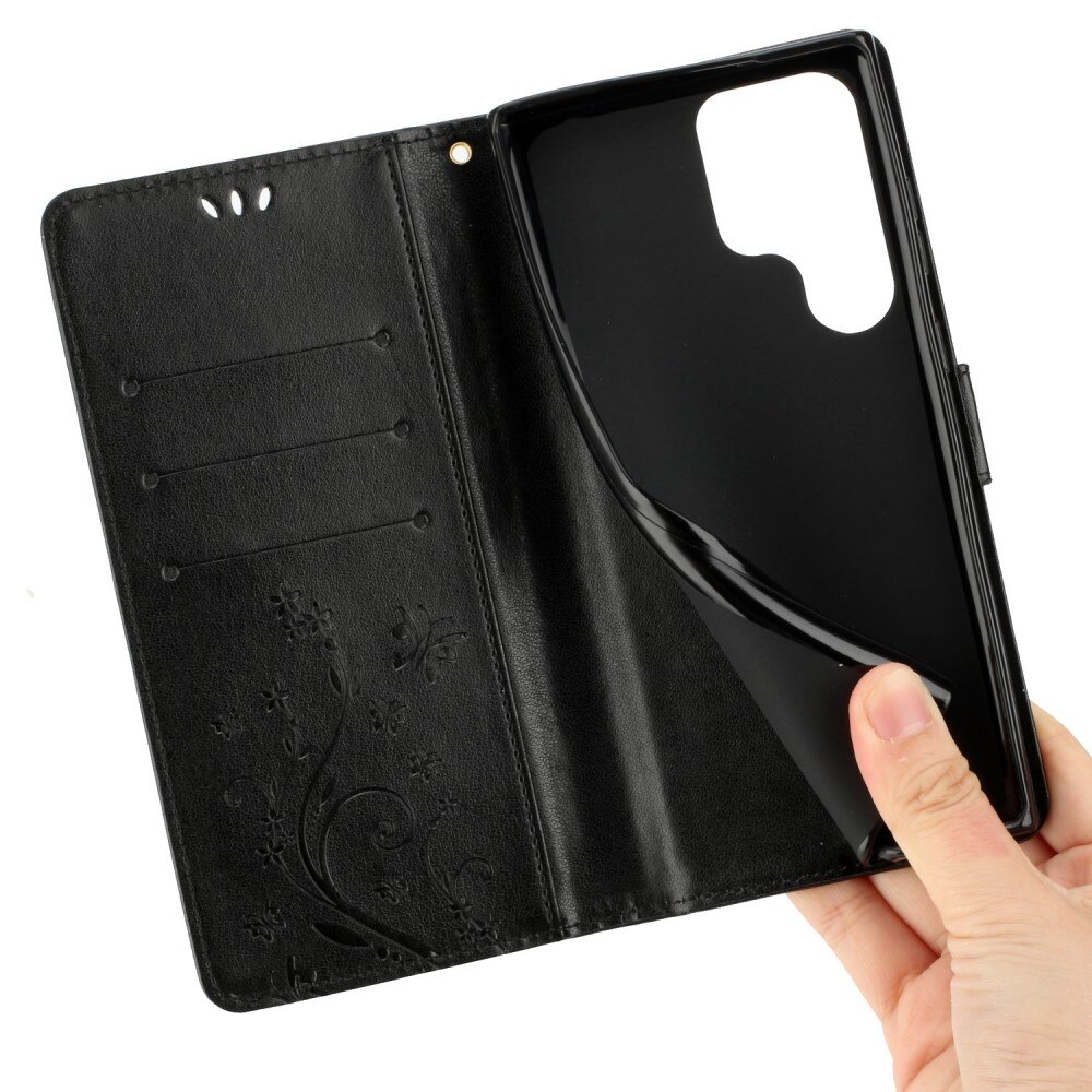 Étui en cuir à papillons pour Samsung Galaxy S23 Ultra, Noir