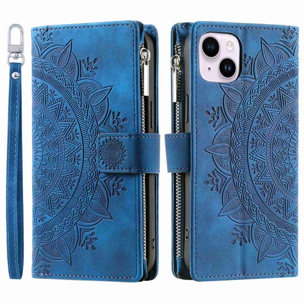 Étui portefeuille Mandala iPhone 14, bleu