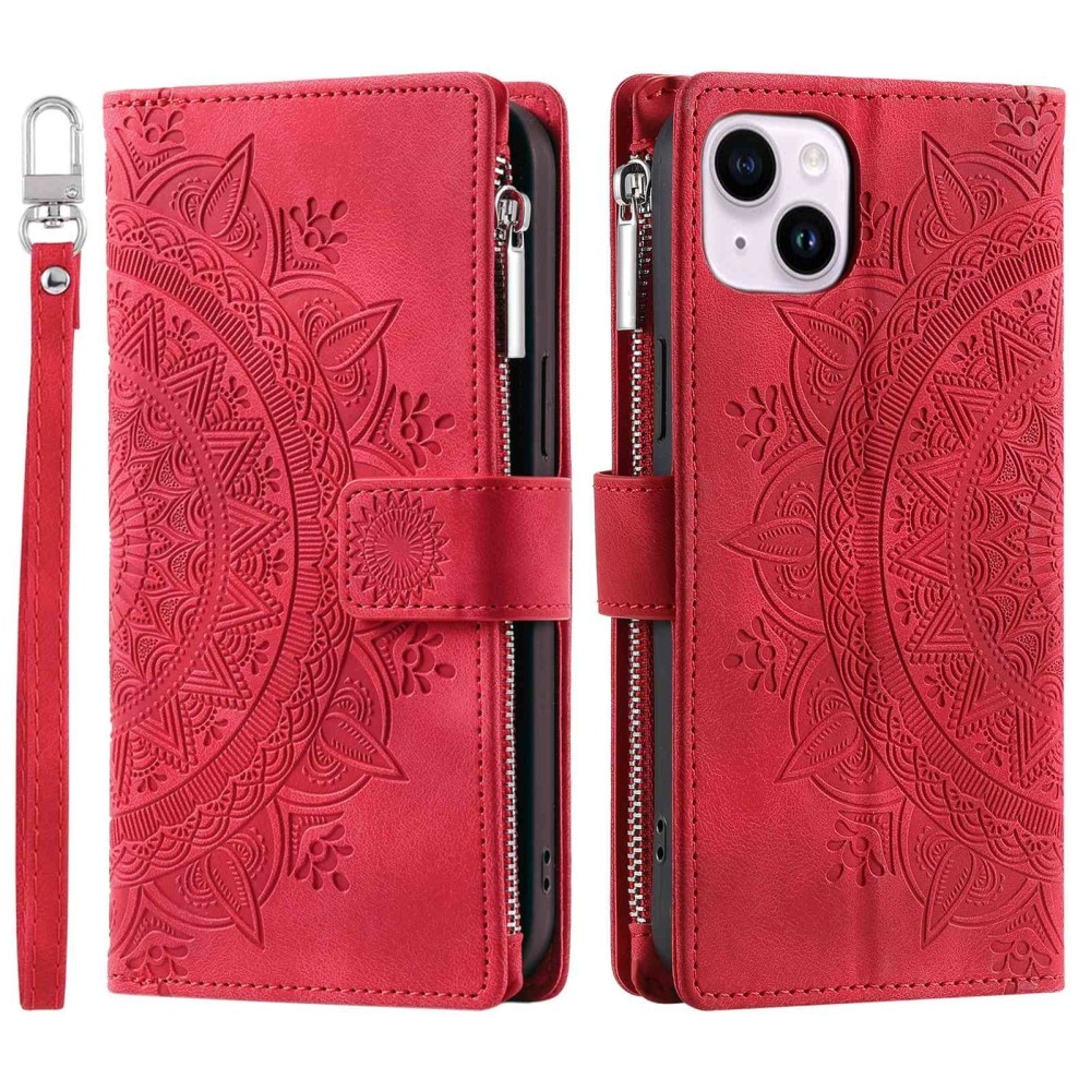 Étui portefeuille Mandala iPhone 14, rouge