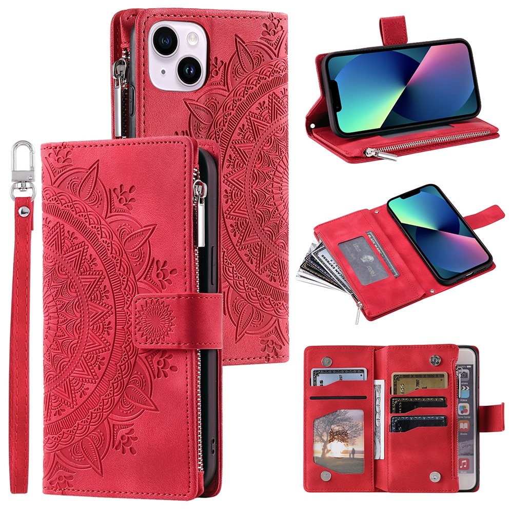 Étui portefeuille Mandala iPhone 13 Mini, rouge