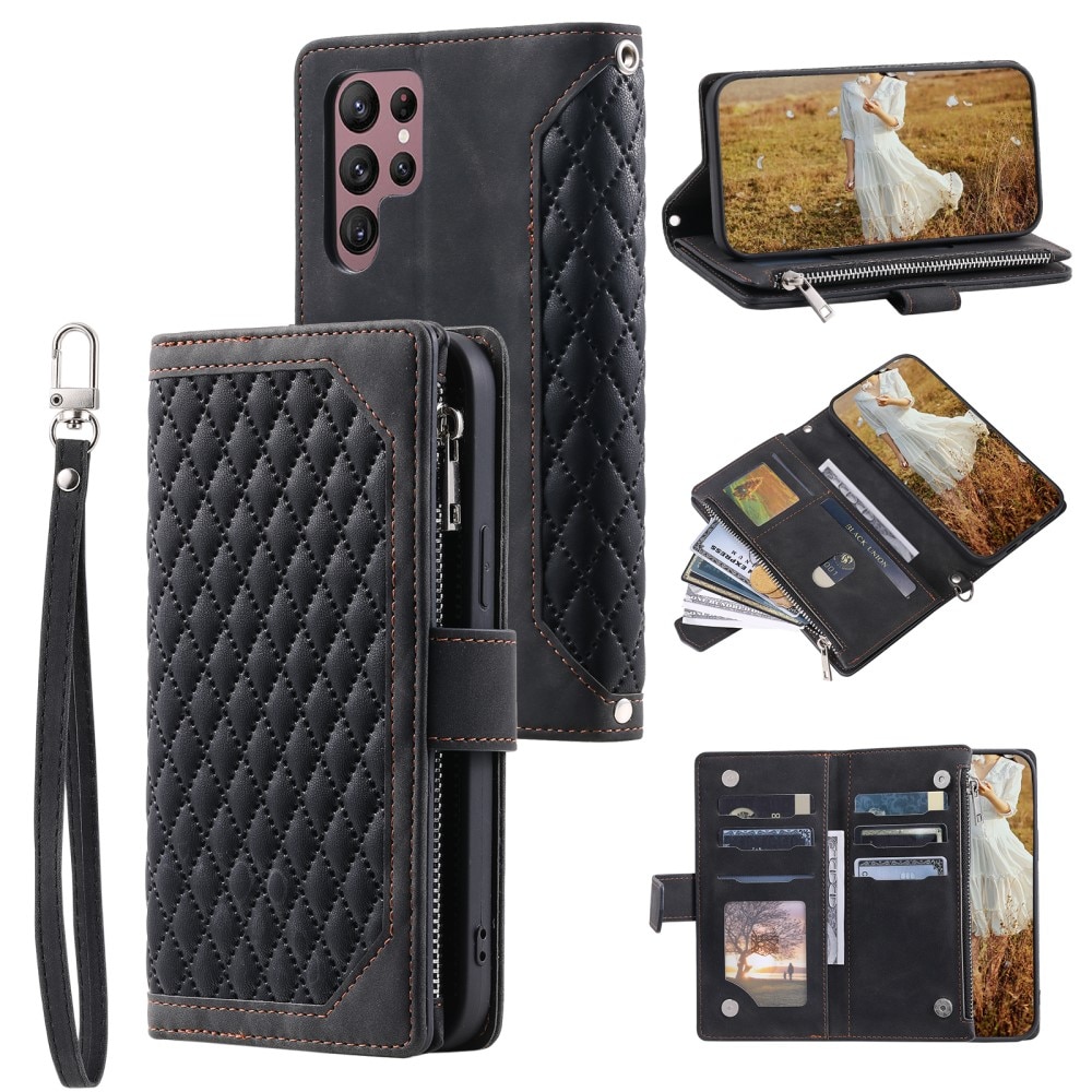 Étui portefeuille matelassée pour Samsung Galaxy S23 Ultra,, noir