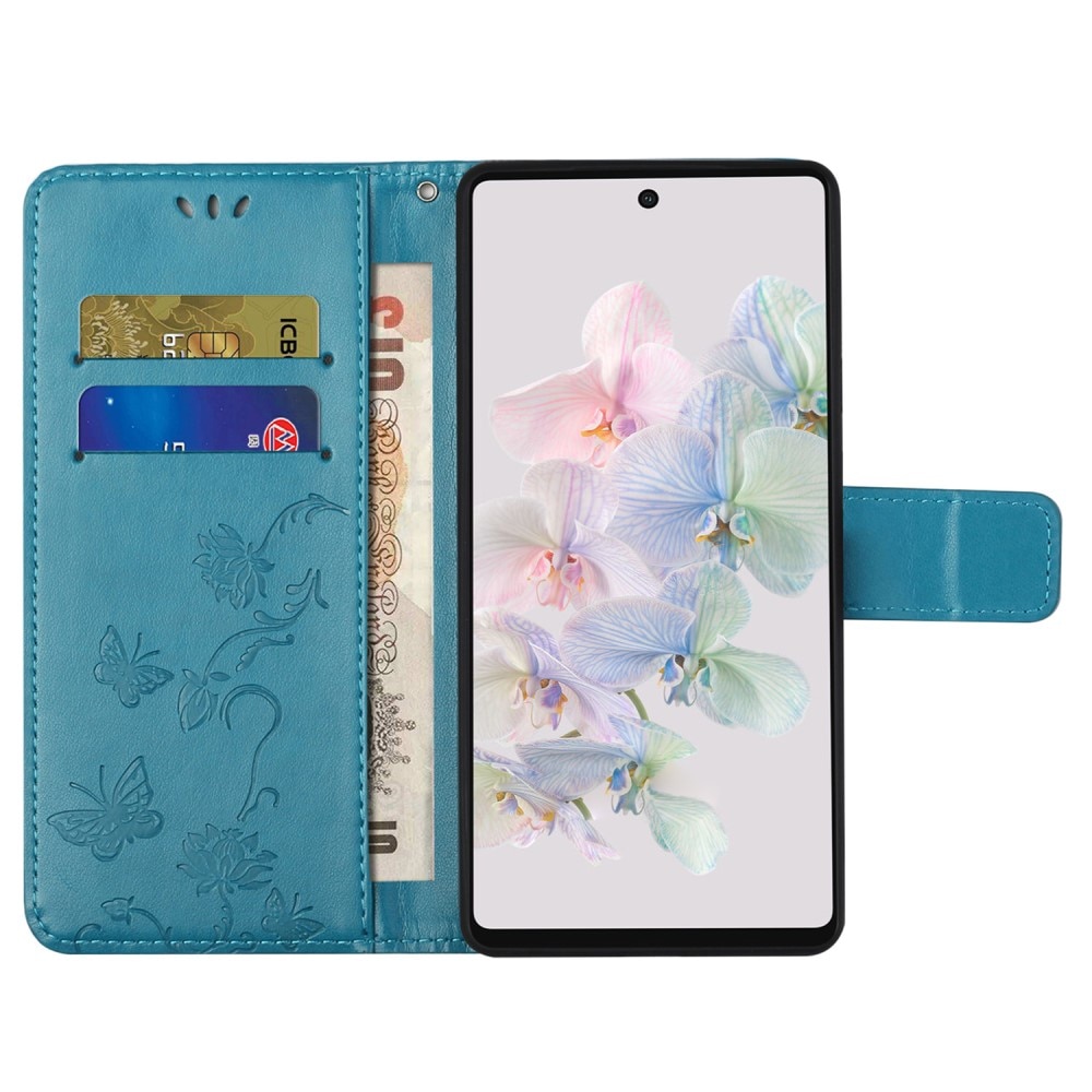 Étui en cuir à papillons pour Google Pixel 7a, Bleu